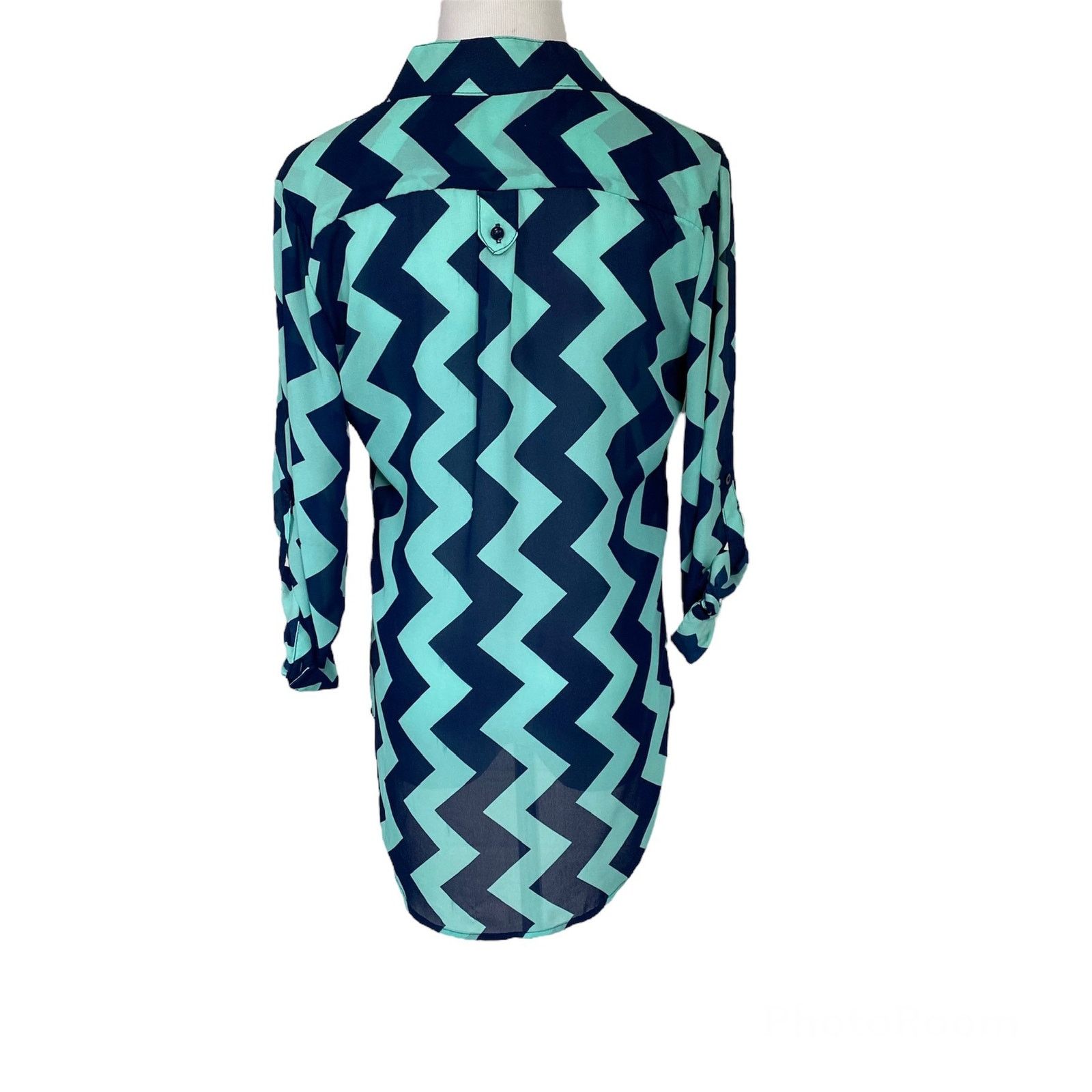 Other NEW NWT Small Teal & Navy Blue Chevron Long Sleeve Blouse Size S / US 4 / IT 40 - 3 Thumbnail