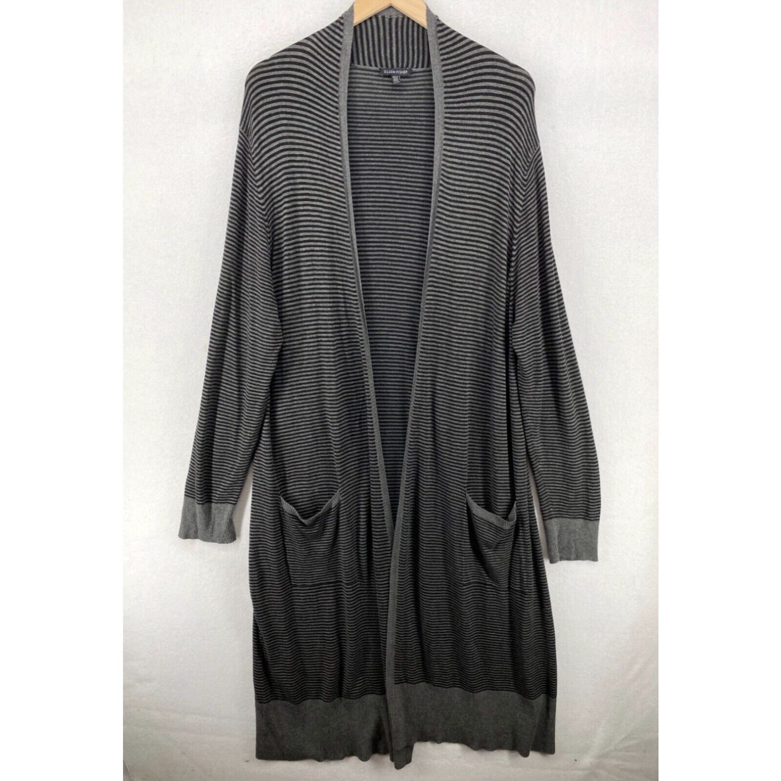 Image of Eileen Fisher Cardigan XL Cozy Viscose Stretch Striped Duster Open Front Gray in White, Women's