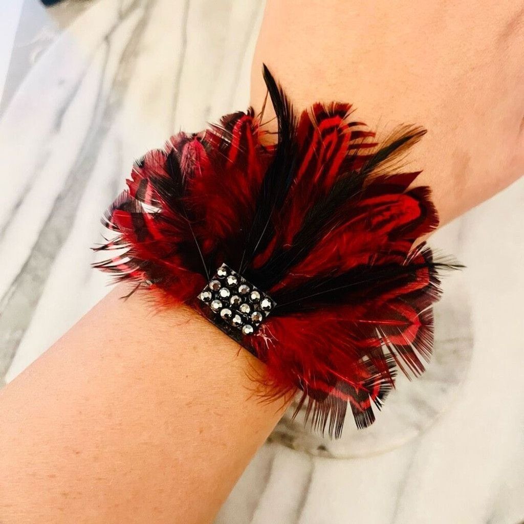 Jewelry Feather Wrap Bracelet Red Black Vegan Leather Snap Closure Size ONE SIZE - 6 Thumbnail