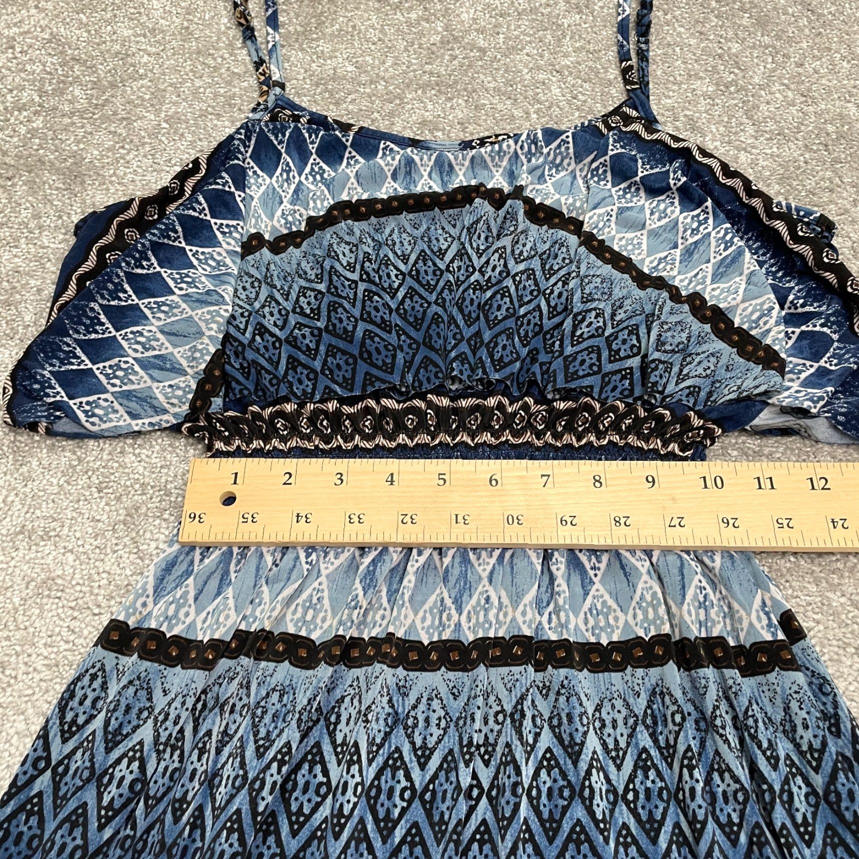 Vintage West Loop Maxi Dress Women M Blue Cold Shoulder Geometric Aztec Casual Knit Polyester Spandex Size M / US 6-8 / IT 42-44 - 5 Thumbnail