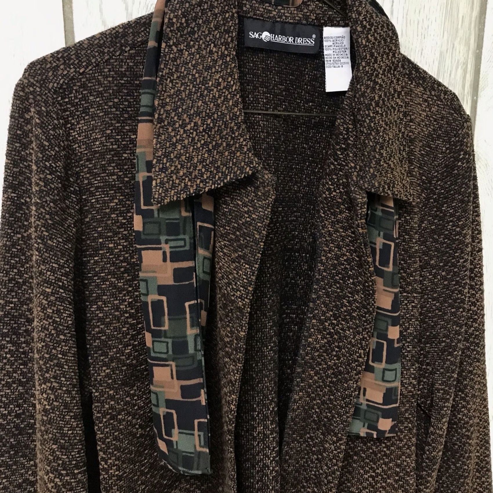 Vintage Sag Harbor Blazer Women Brown Tweed Woven Button-Up Jacket with Attached Scarf 8 Size M / US 6-8 / IT 42-44 - 4 Thumbnail