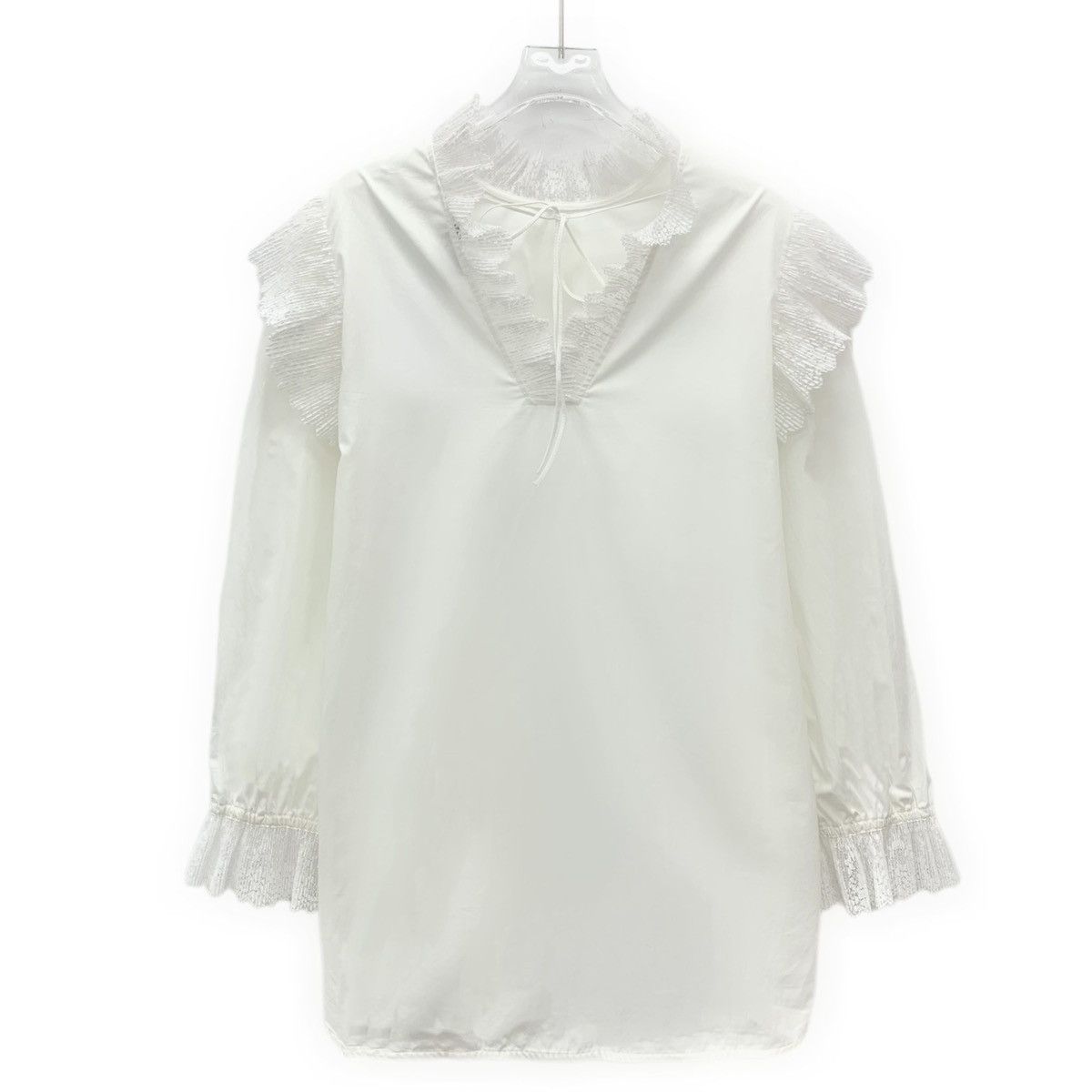 Sandro Sandro White Lace Trim Cotton Long Sleeve T-Shirt K26WX Size M / US 6-8 / IT 42-44 - 2 Thumbnail