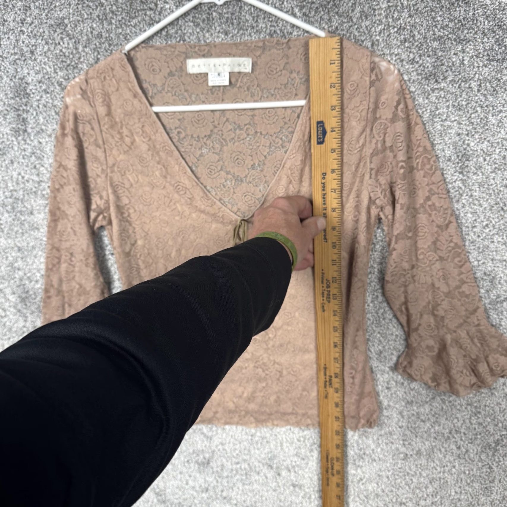 Paige VINTAGE Bette Paige Blouse S Women Bell Sleeve Lace Top Beige Floral Bohemian Fairy Gothic Retro 3/4 Sleeve V-Neck Sheer Knit Nylon Spandex Unlined Size S / US 4 / IT 40 - 2 Thumbnail