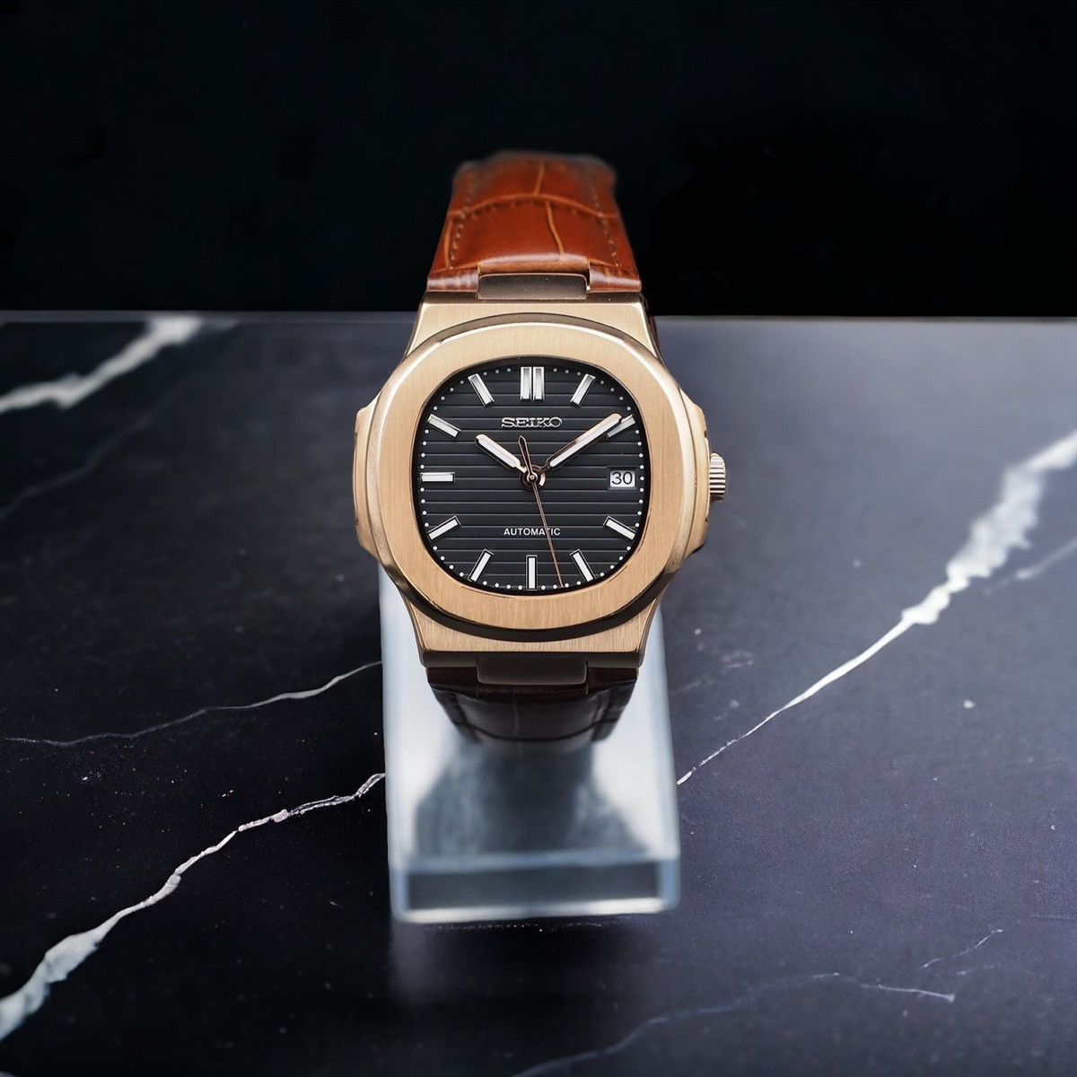 Japanese Brand Seiko Mod Nautilus Black Rosegold Leather Strap Watch 41mm Size ONE SIZE - 2 Thumbnail