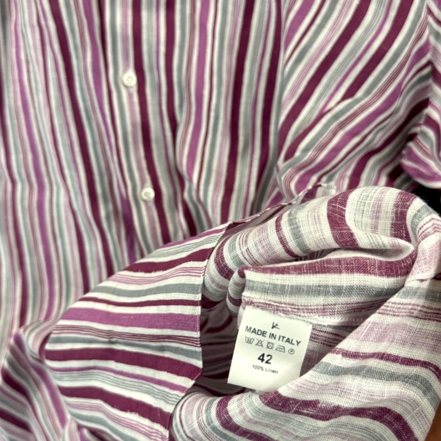 Isaia Isaia Shirt Mens 17.5 Pink Striped Linen Long Sleeve Collared Dress Button Preppy Size 48R - 7 Thumbnail