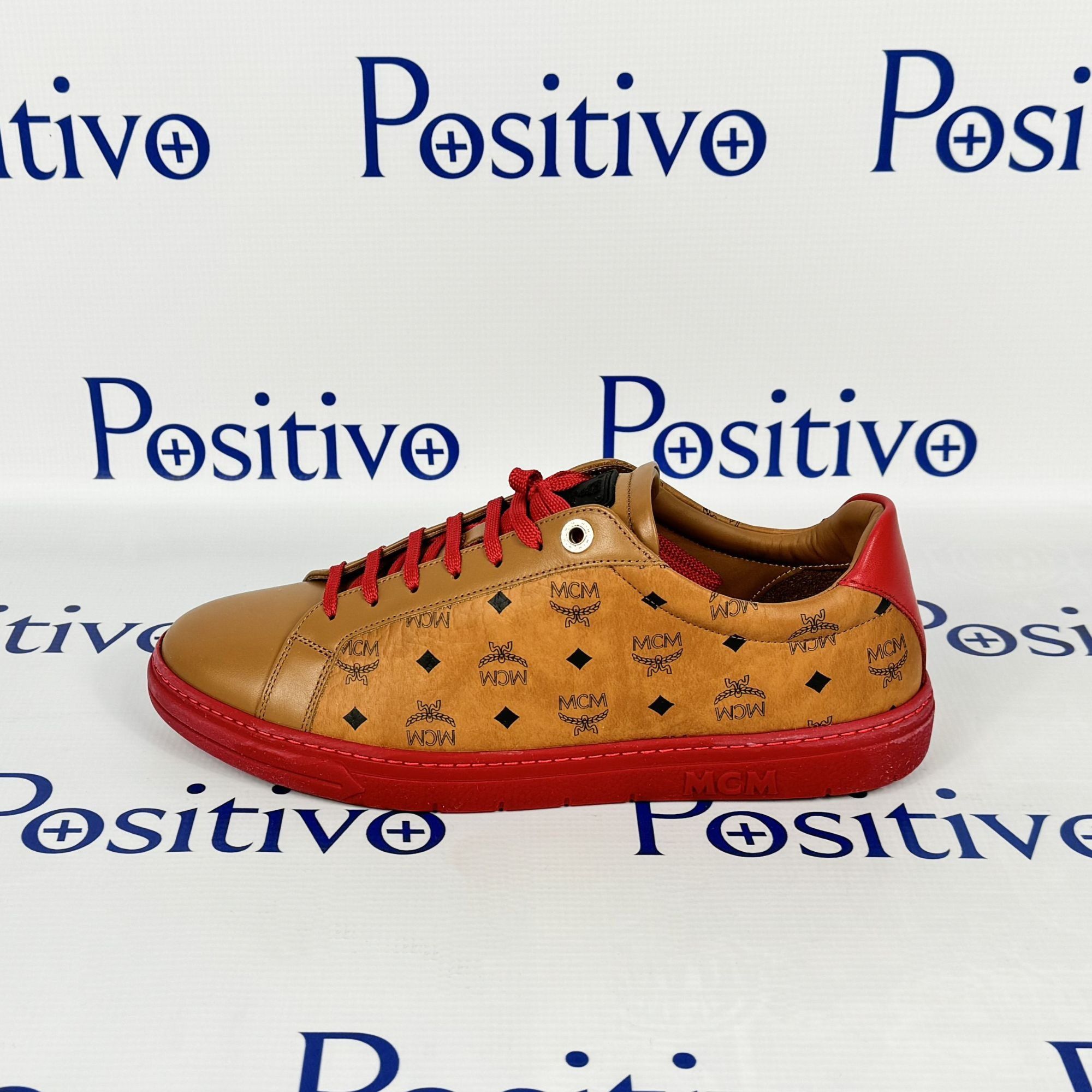 image of MCM Mens Terrain Lo Lychee Visetos Low Top Sneakers Us 9 Eu in Red/Brown