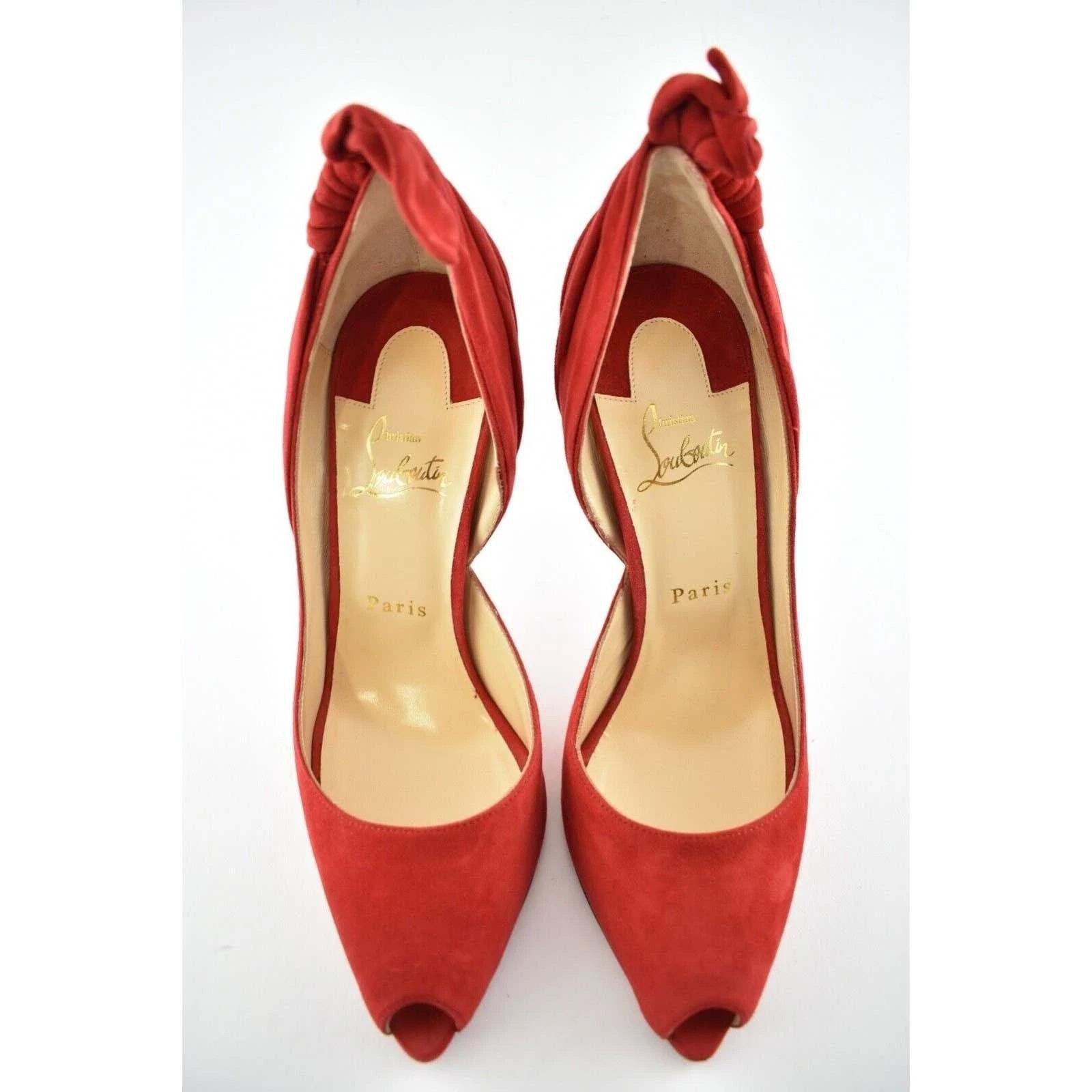 Christian Louboutin Barbara 100 Oeillet Red Suede Peep Toe Bow Heel Pump 39.5 Size US 9.5 / IT 39.5 - 5 Thumbnail
