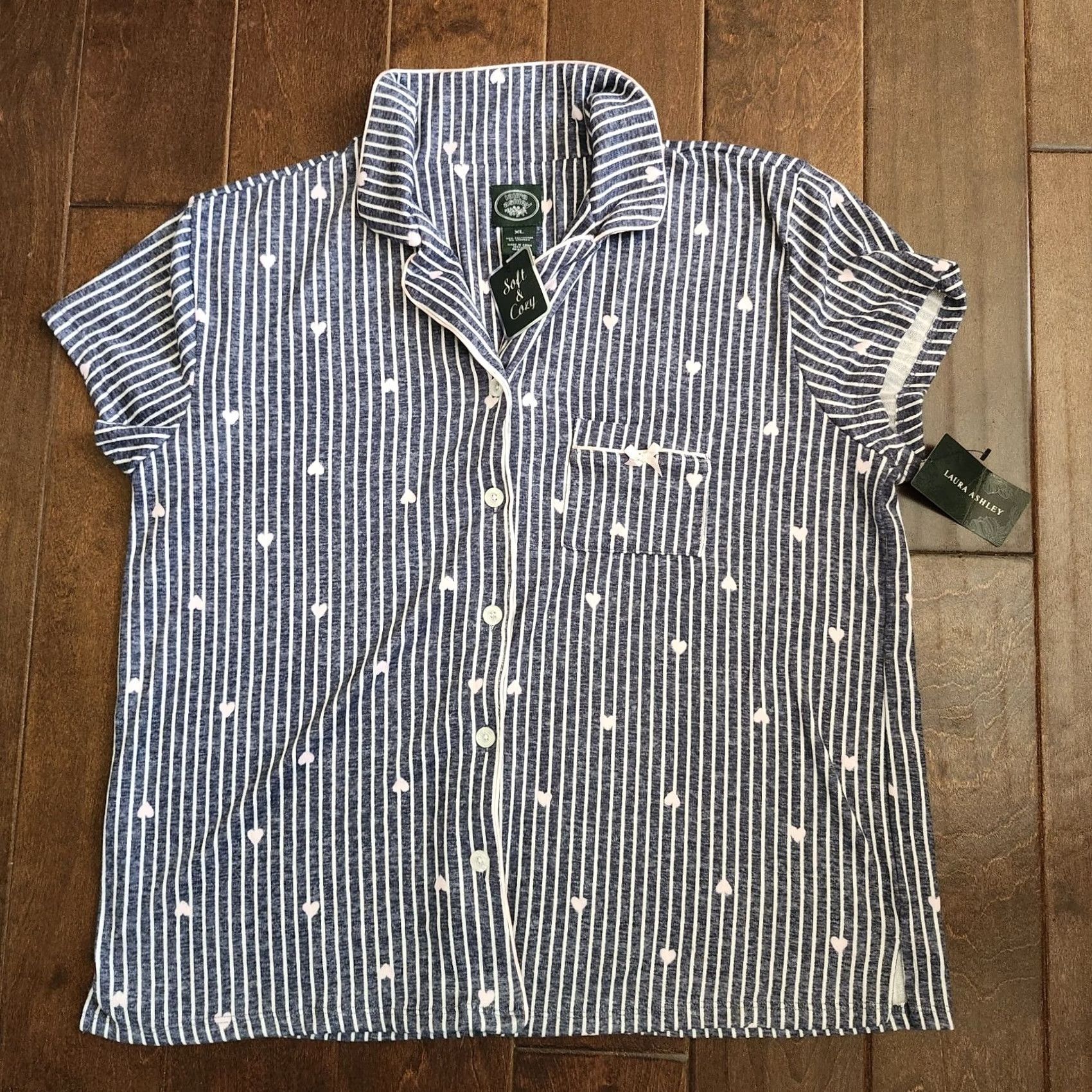 Pinko PINK Laura Ashley Junior Pajama Top Denim Striped Button Short Sleeve XL Multicolor Teens Womens Mens Size XL / US 12-14 / IT 48-50 - 2 Thumbnail