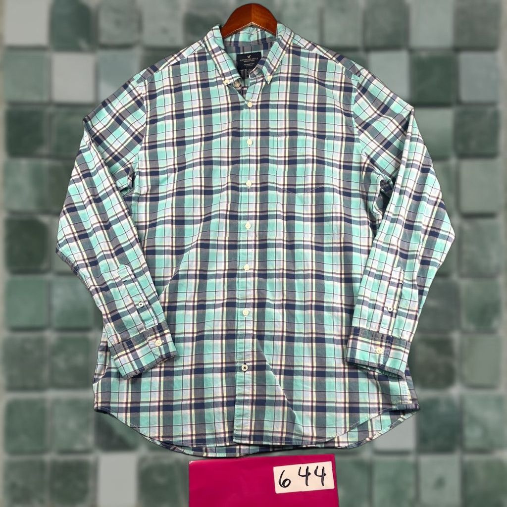American Eagle Outfitters American Eagle Outfitters Button-Up Shirt Mens XLT Plaid Navy Teal Long Sleeve Size US XL / EU 56 / 4 - 1 Thumbnail