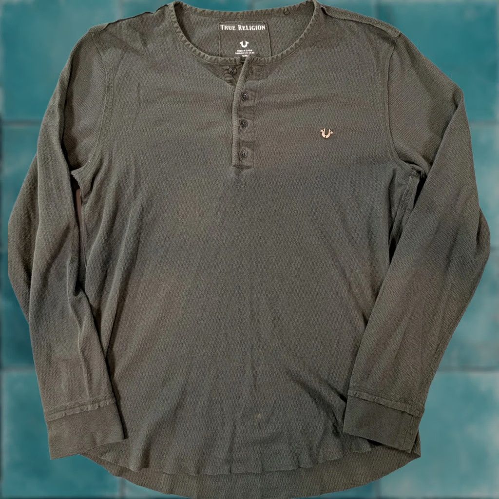 True Religion Henley Thermal Long Sleeve Shirt Green Men's M