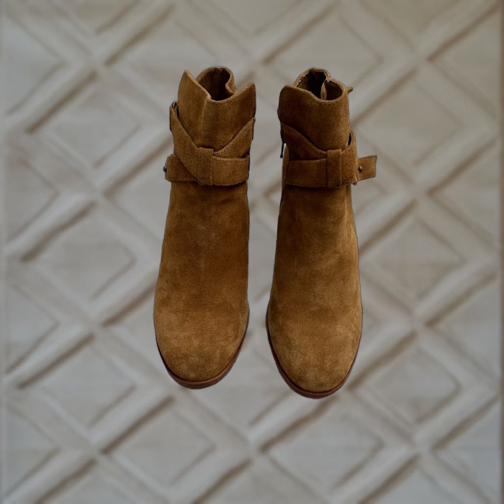 Vintage Gianni Bini Brown Suede Leather Ankle Boots Womens 7.5 Mid Cuban Heel Shoes Western