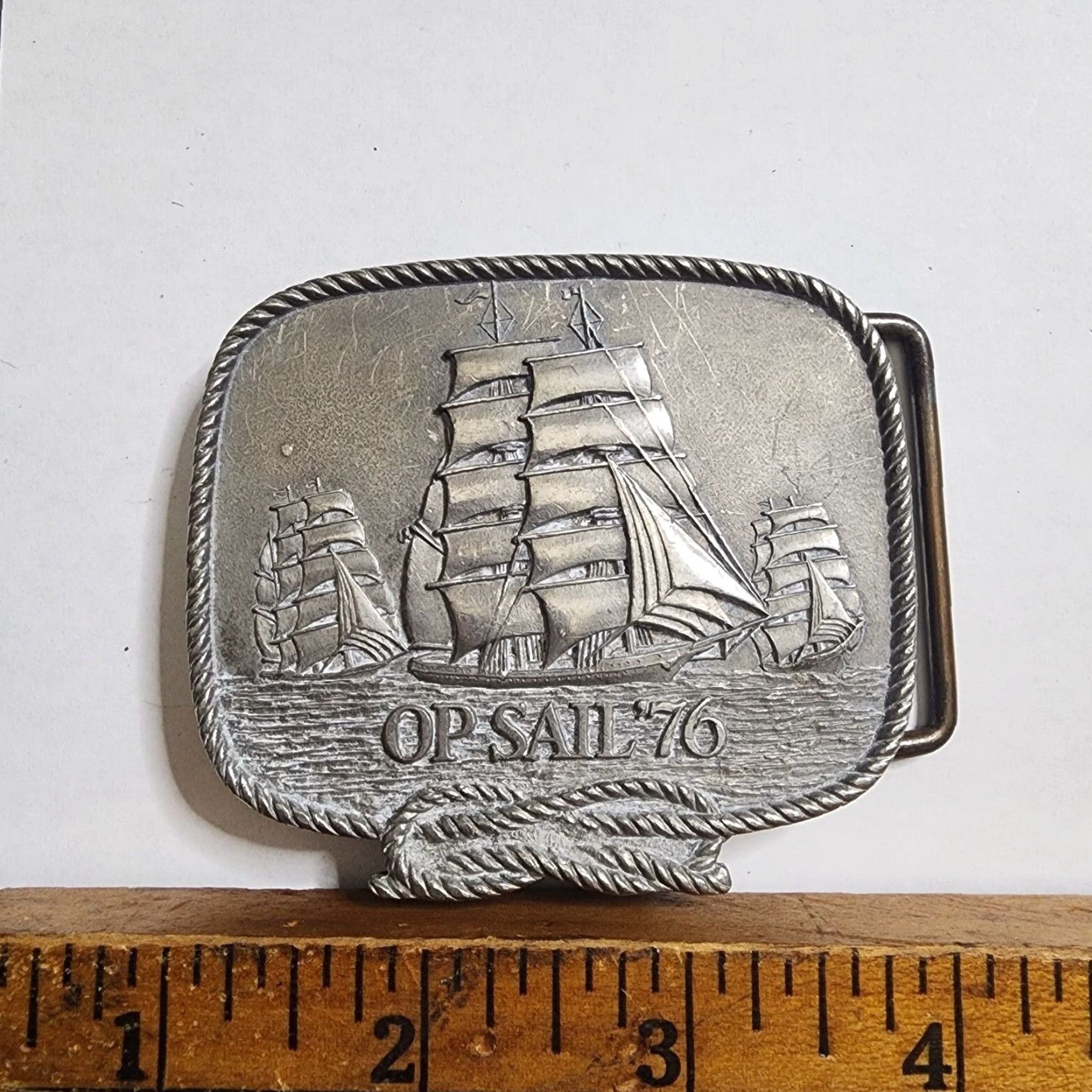 Vintage VINTAGE Nautical Pewter Belt Buckle Sailboat Clipper '76 Tall Ship Commemorative Unisex Adult Size ONE SIZE - 2 Thumbnail