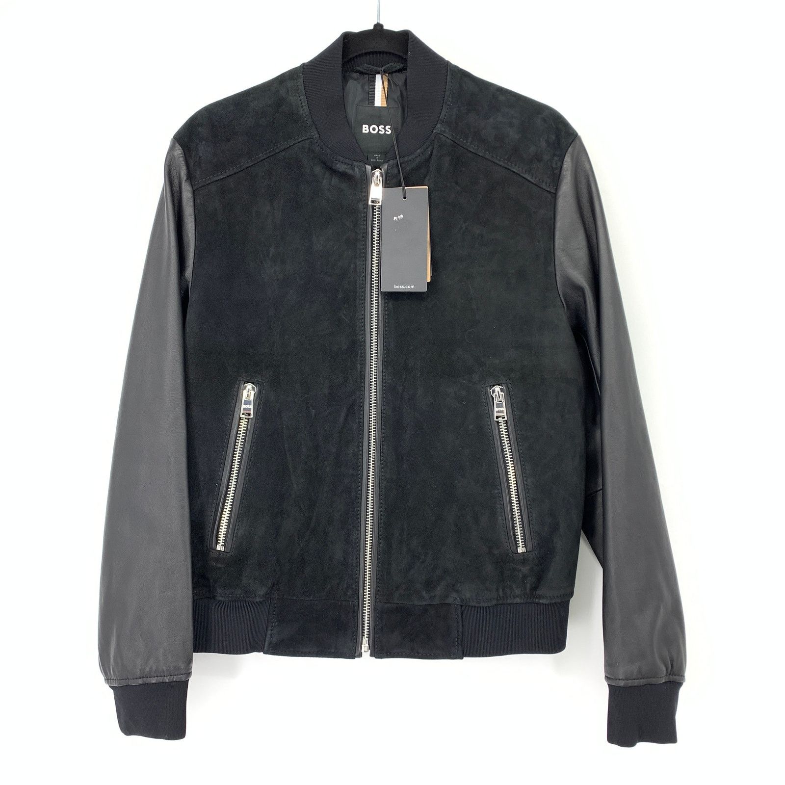 Hugo Boss Leather Suede Bomber Jacket Mens 34R Black NEW