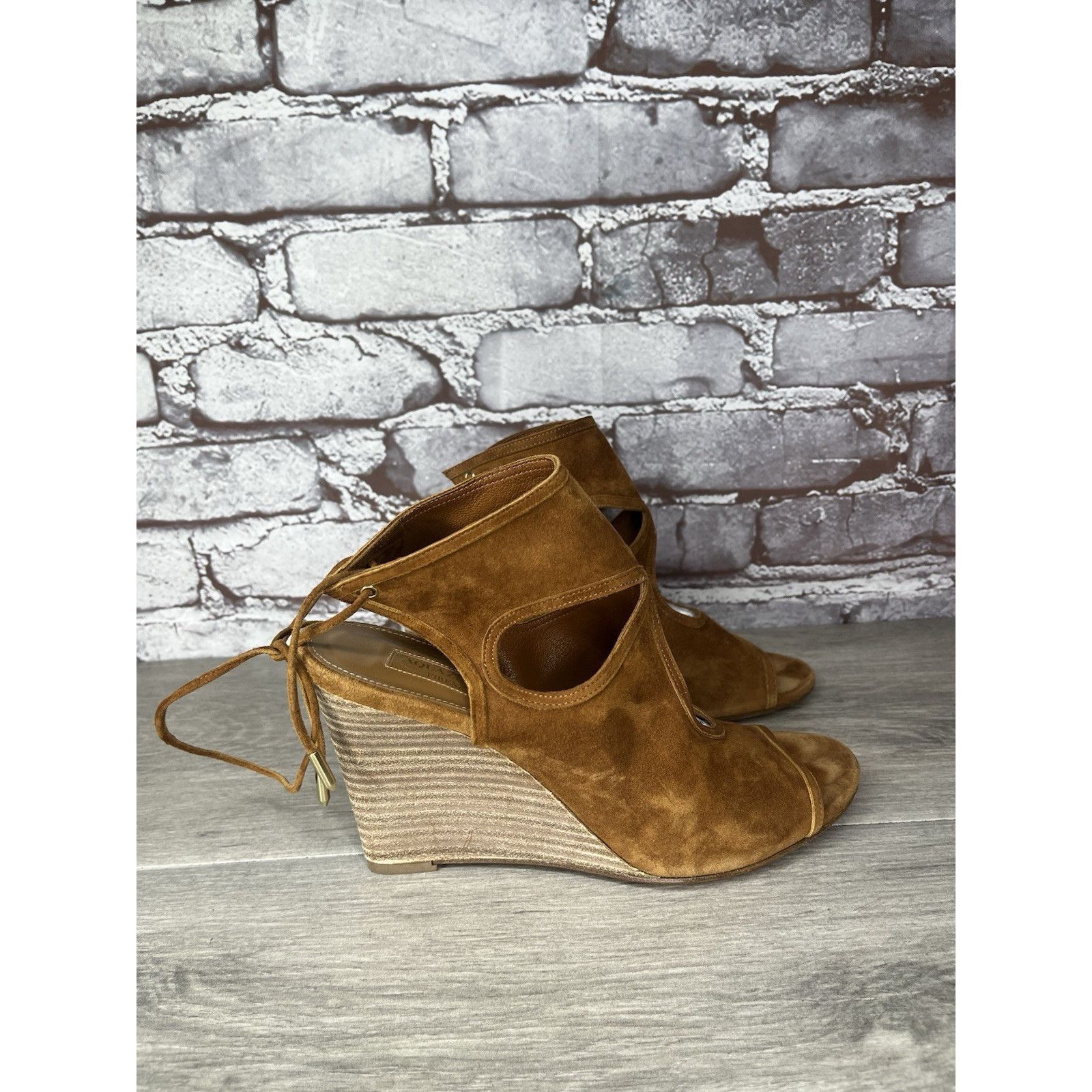 Aquazzura Aquazzura Sexy Thing Camel Ankle Open Toe Lace Up Suede Wedg Size US 7 / IT 37 - 3 Thumbnail