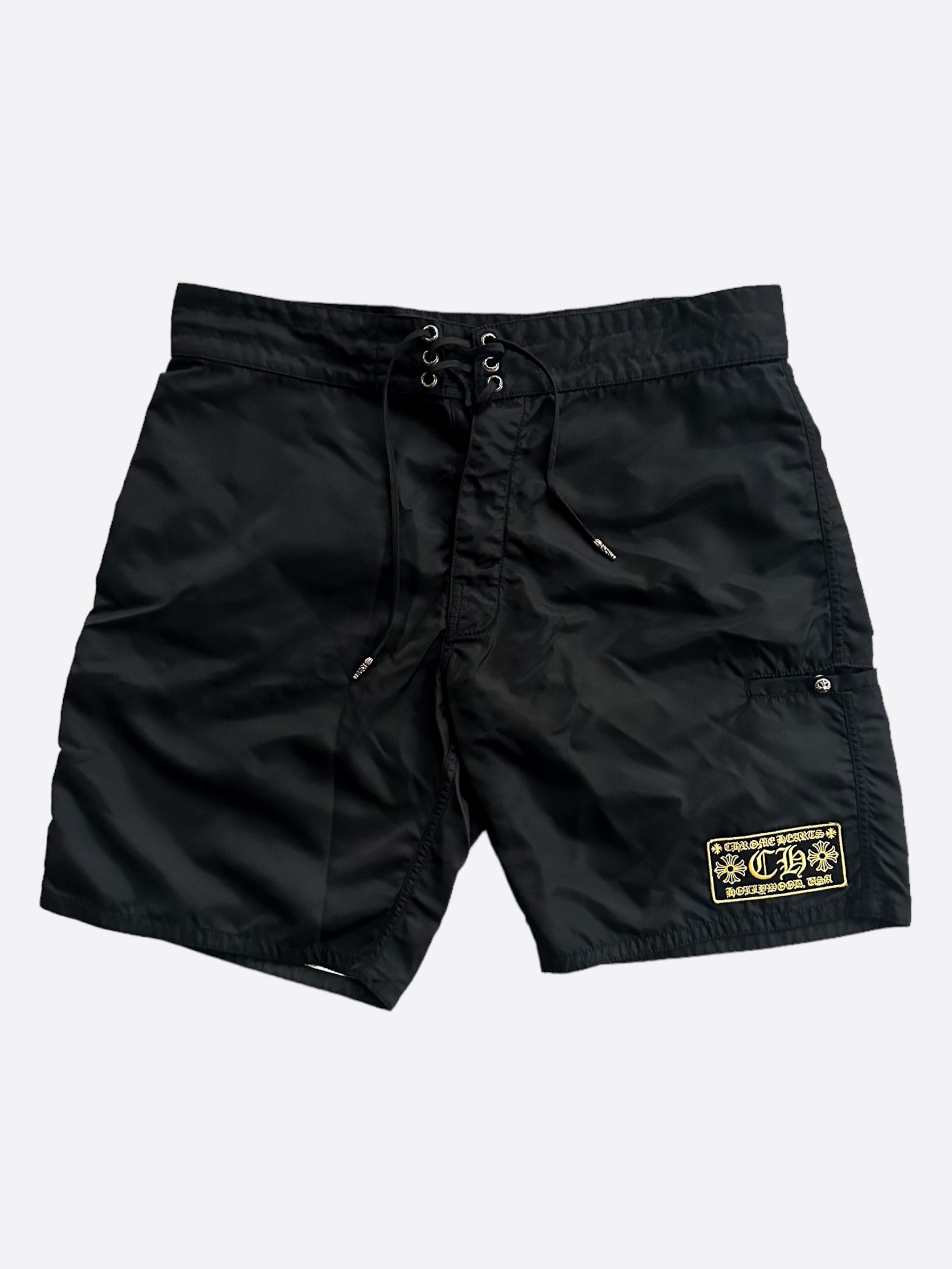 image of Chrome Hearts Black & Yellow Patch Swimshorts, Men's (Size 33)