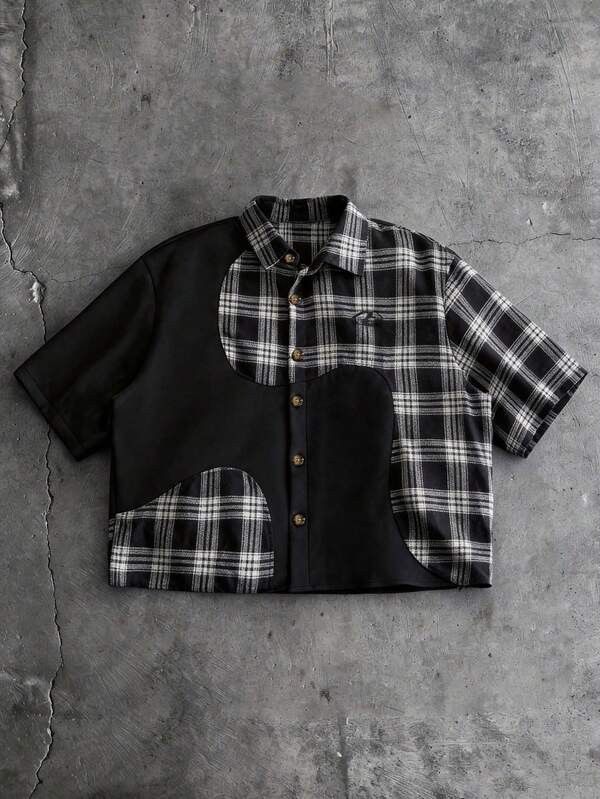 Japanese Brand Black and White Checkered Patchwork Shirt with Curved Design Size US M / EU 48-50 / 2 - 1 Thumbnail