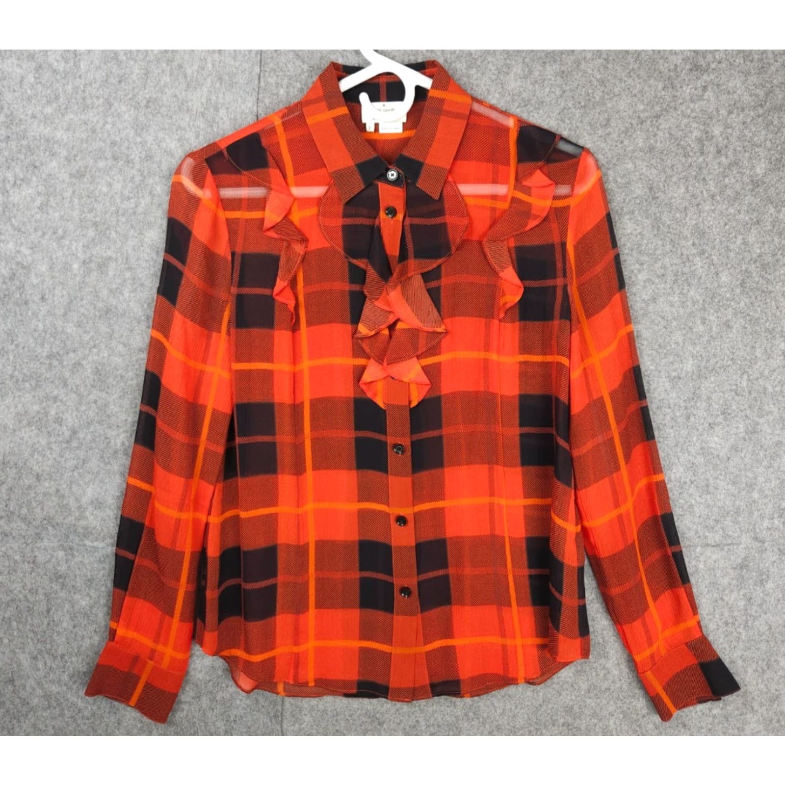 Vintage kate spade new york Blouse Womens Red Black Plaid Ruffle Woodland Chiffon 100% Silk Top 2 Size XS / US 0-2 / IT 36-38 - 2 Thumbnail