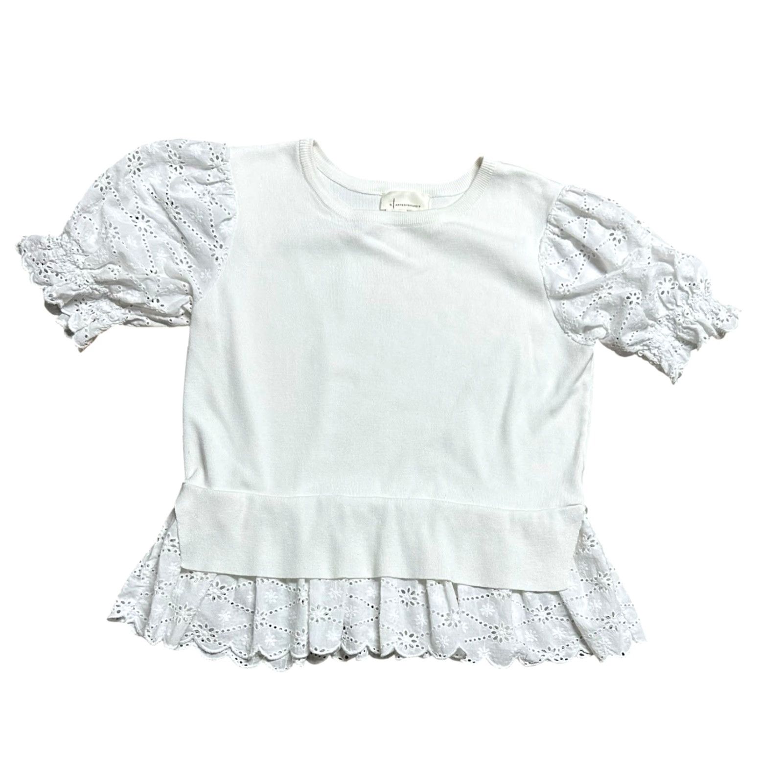Anthropologie Anthropologie Blouse White Puff-Sleeve Eyelet Knit Sweater Tee Sz Large Women Top Size L / US 10 / IT 46 - 2 Thumbnail