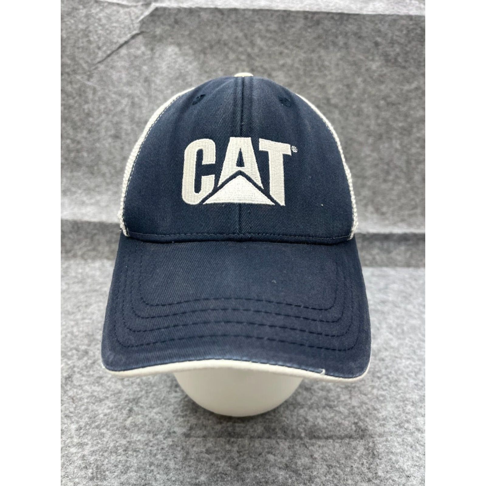 Vintage CAT Hat Cap Fitted Adult Blue Trucker Hat CAT Men Cotton Polyester Twill Work Logo Construction 90s? (Oops can't add) Size ONE SIZE - 2 Thumbnail