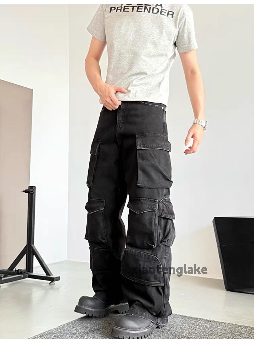 Jean Unisex washed faded loose baggy hiphop cargo jeans Size US 32 / EU 48 - 1 Thumbnail