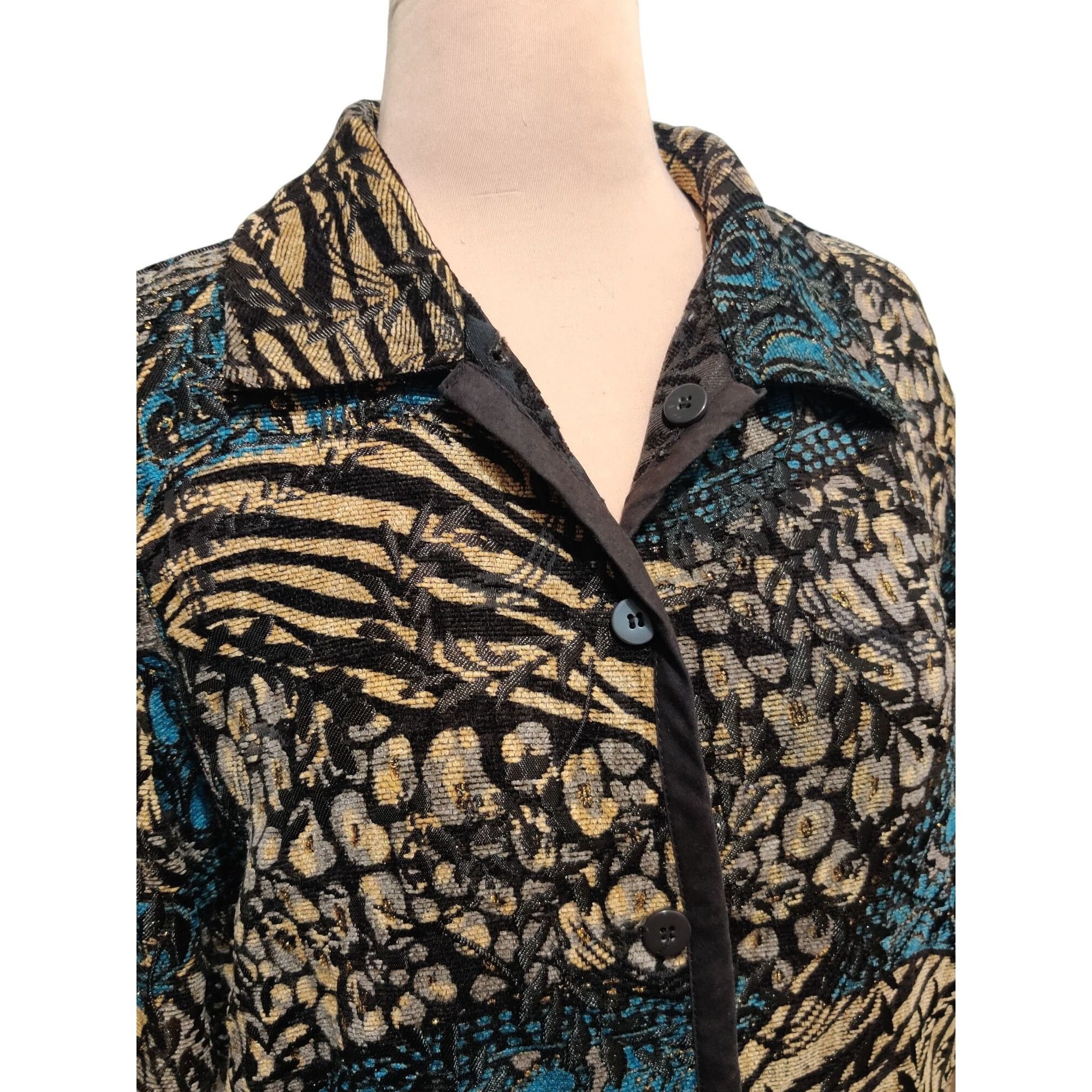 Vintage Womens L Jacket Reversible Jacquard Brocade Black Gold Blue Size L / US 10 / IT 46 - 2 Thumbnail