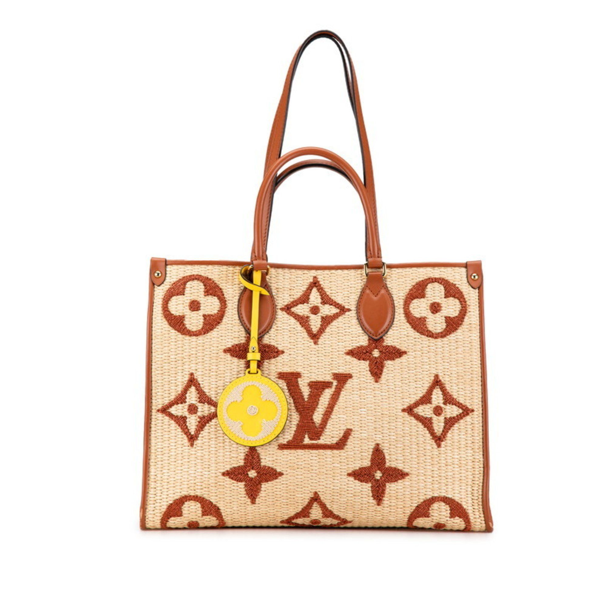 Louis Vuitton Monogram Raffia On-the-Go MM Handbag Shoulder Bag M57707 Beige Brown Leather Women's LOUIS VUITTON
