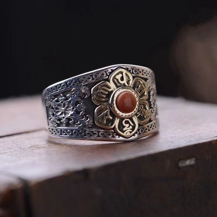 Jewelry × Vintage Resizable Retro Mantra Lotus Ring Size ONE SIZE - 1 Thumbnail