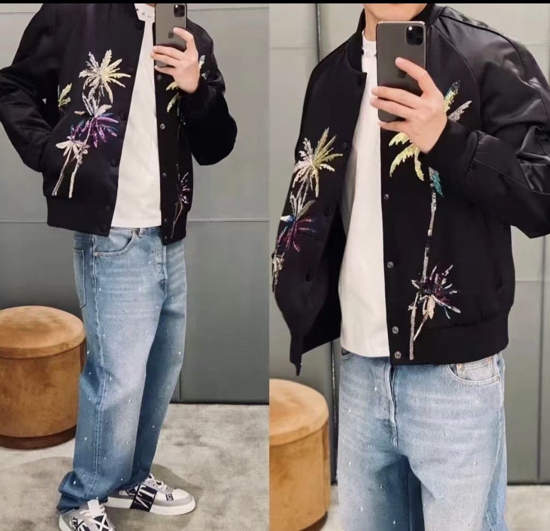 Valentino Viscose Bomber Jacket With Sequin Embroidered Palm