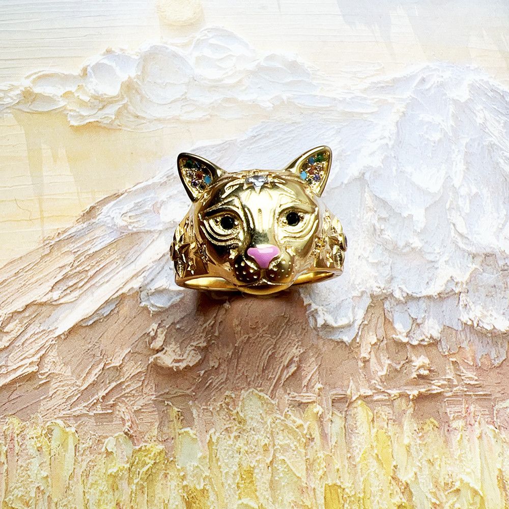 Sterling Silver SIZE 9 925 Silver Gold Plated Bohemia Cat Spring Ring Size ONE SIZE - 1 Thumbnail