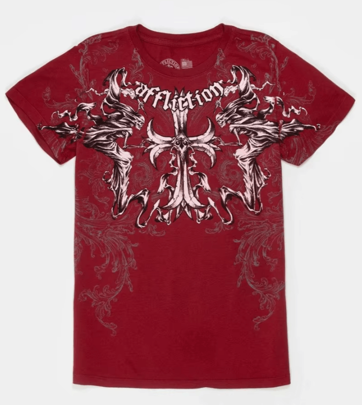 Y2K Red Affliction Cross Logo T Shirt