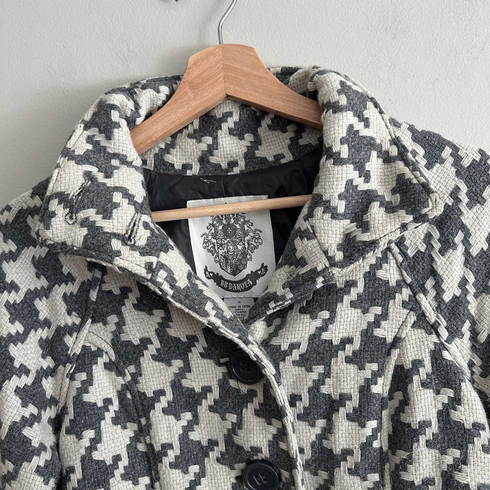BB Dakota Gray White Houndstooth Plaid Check Jacket Wool Blend S Small Size S / US 4 / IT 40 - 5 Thumbnail