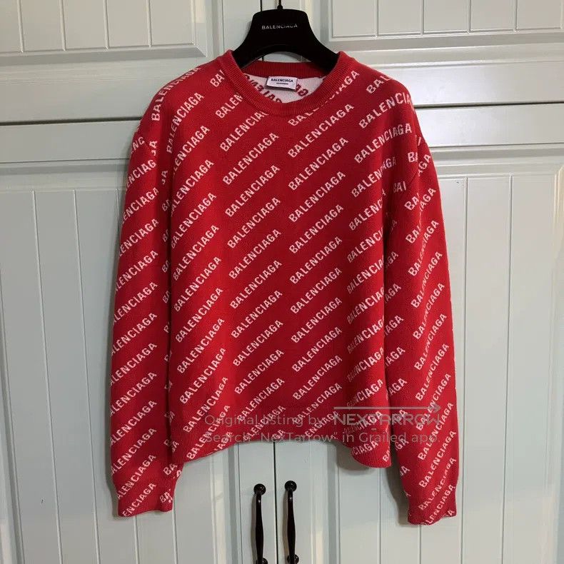 Balenciaga Balenciaga Red Full Print Logo Knit Sweater Size US XS / EU 42 / 0 - 1 Thumbnail