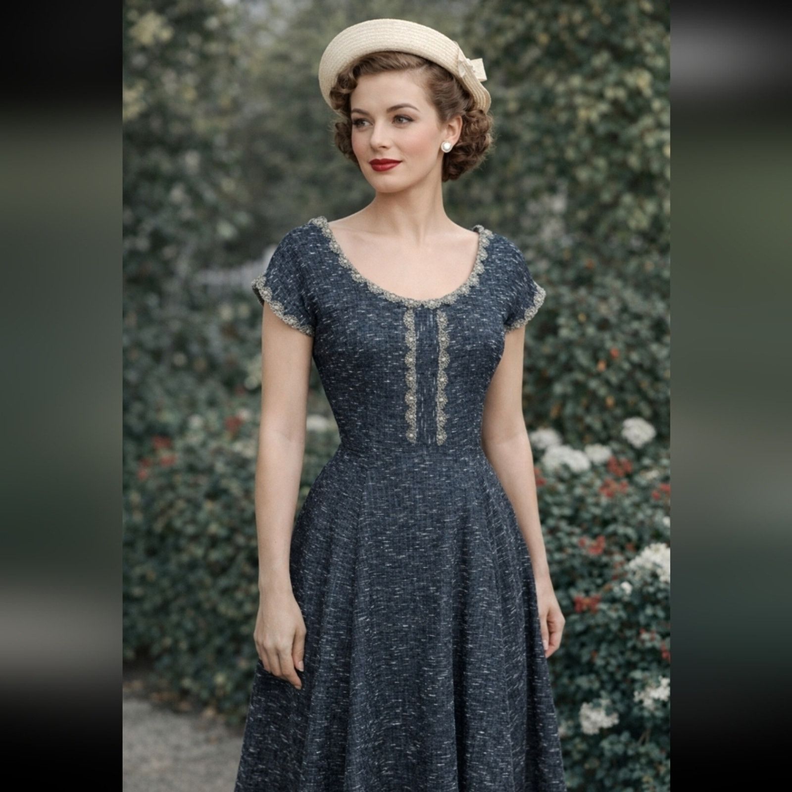 Vintage 1950s Grey Silk Tweed Rhinestone Beaded Embellished Dress L Size L / US 10 / IT 46 - 1 Thumbnail