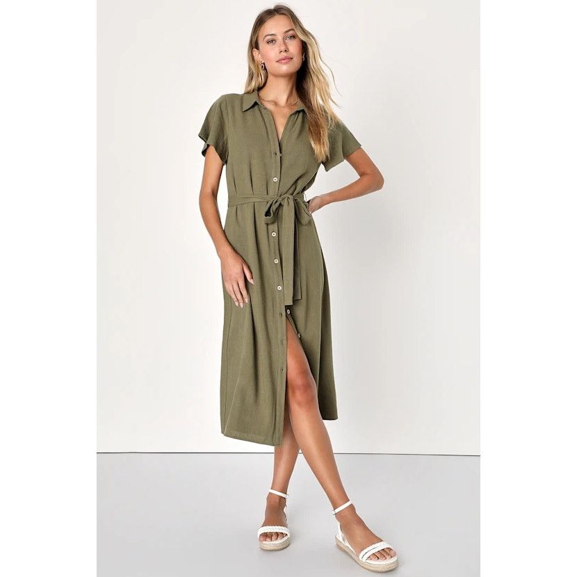 Lulus NWT Lulus Italian Summer Olive Green Linen Button-Up Dress Size XS / US 0-2 / IT 36-38 - 1 Thumbnail