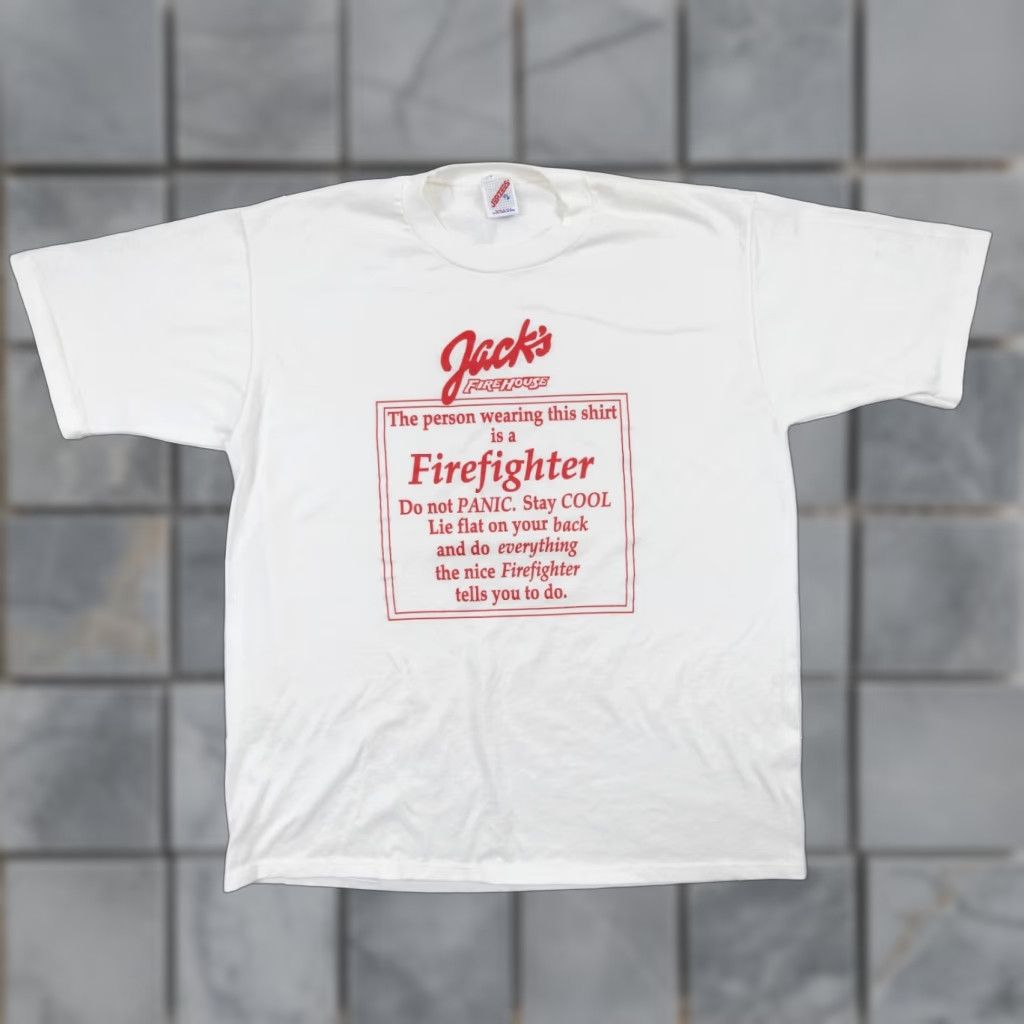 Jerzees VINTAGE Jerzees Shirt White 90s Short Sleeve Adult XL Jack's Firehouse Mens Size US XL / EU 56 / 4 - 1 Thumbnail