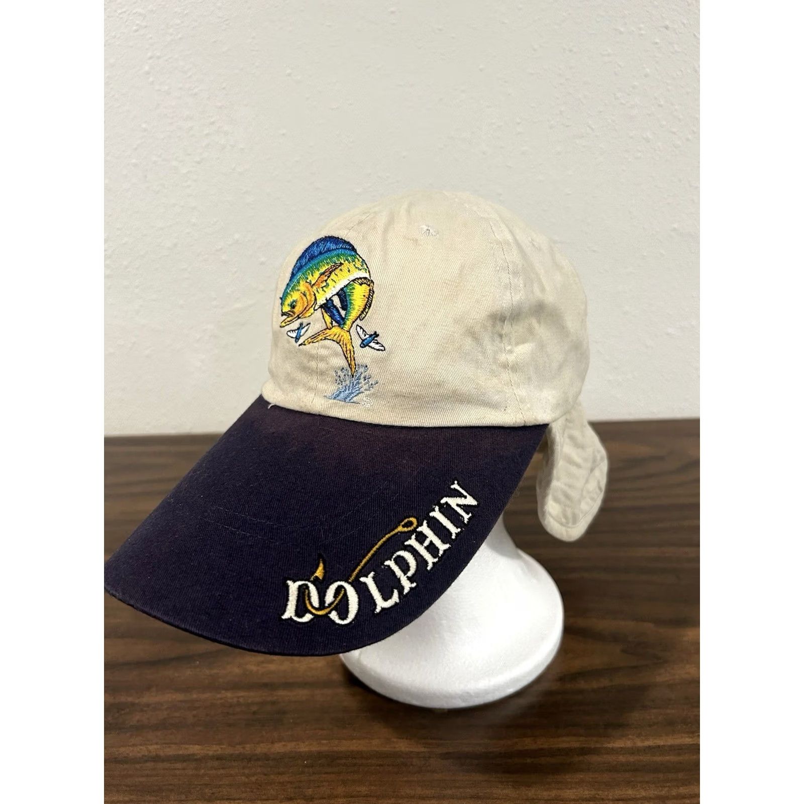 Vintage Just Hook Em Hat w/ Neck Flap Fishing Cap Embroidered Sail Fish Dolphin Beige Size ONE SIZE - 2 Thumbnail