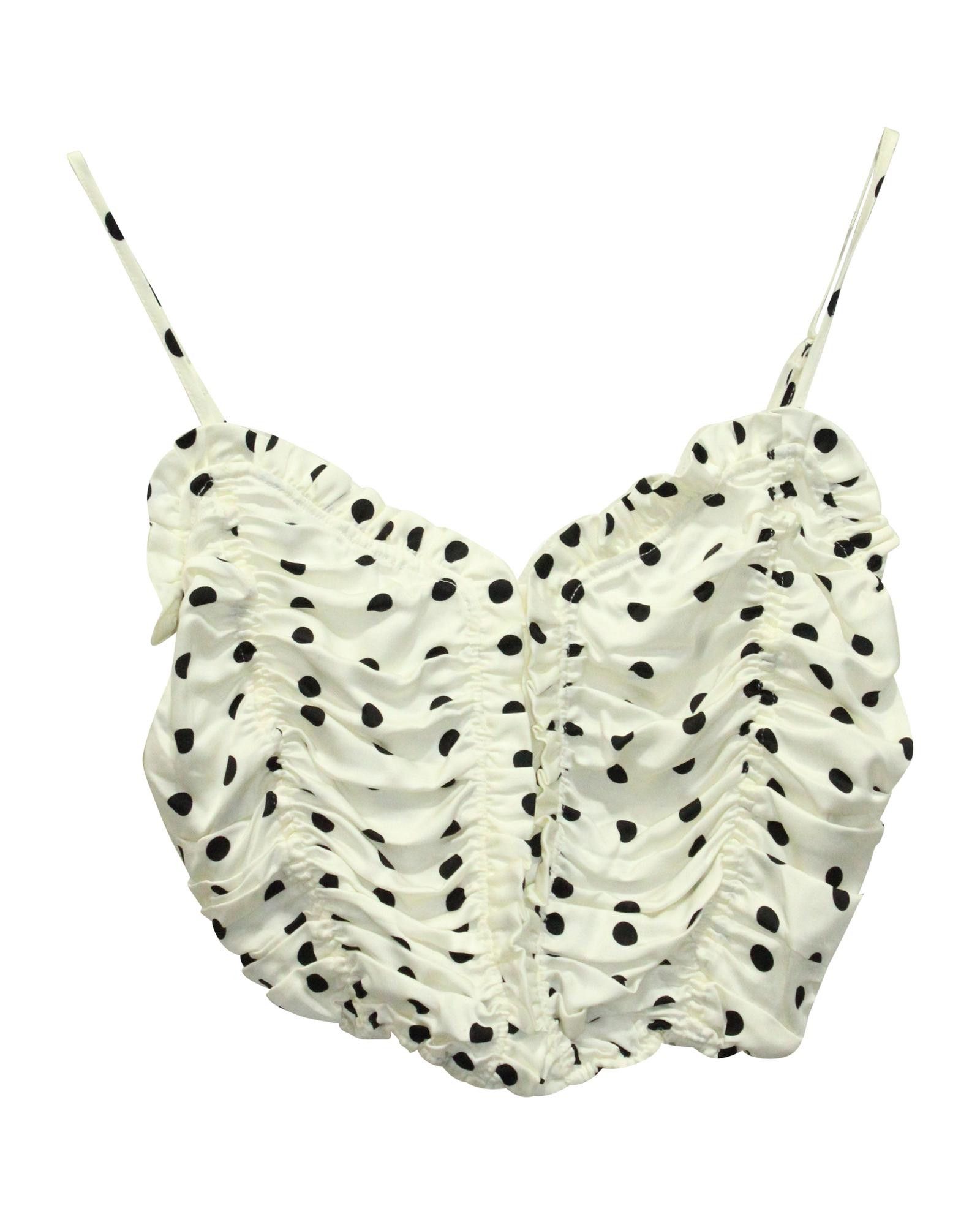 image of Maje Polka-Dot Crop Top In White Viscose With Ruffled Neckline, Women's (Size Medium)
