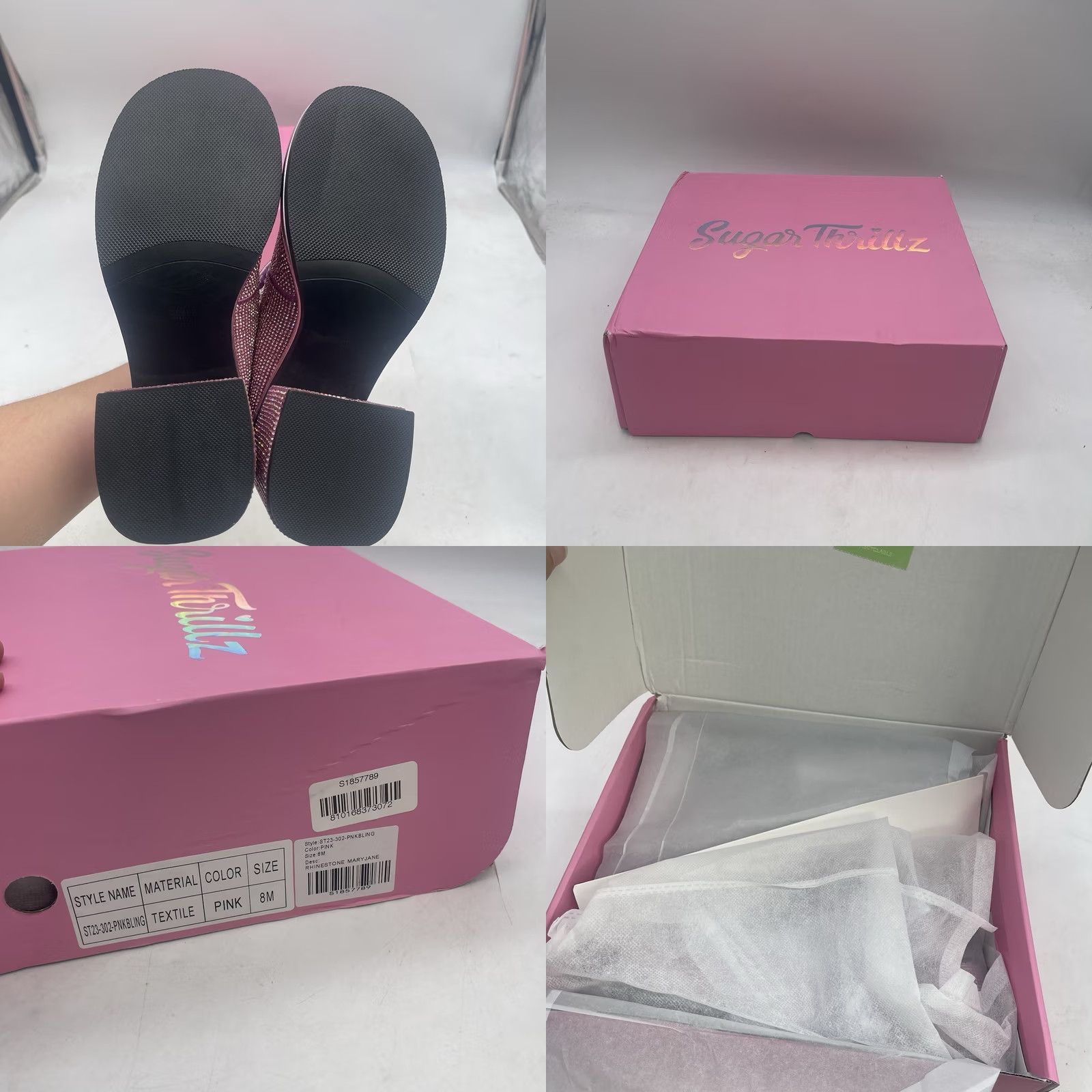 Vintage Sugar Thrillz Platform Heels Womens 8M Pink Glitter Rhinestone Block Heel 4in Buckle New w Box Size US 8 / IT 38 - 8 Thumbnail