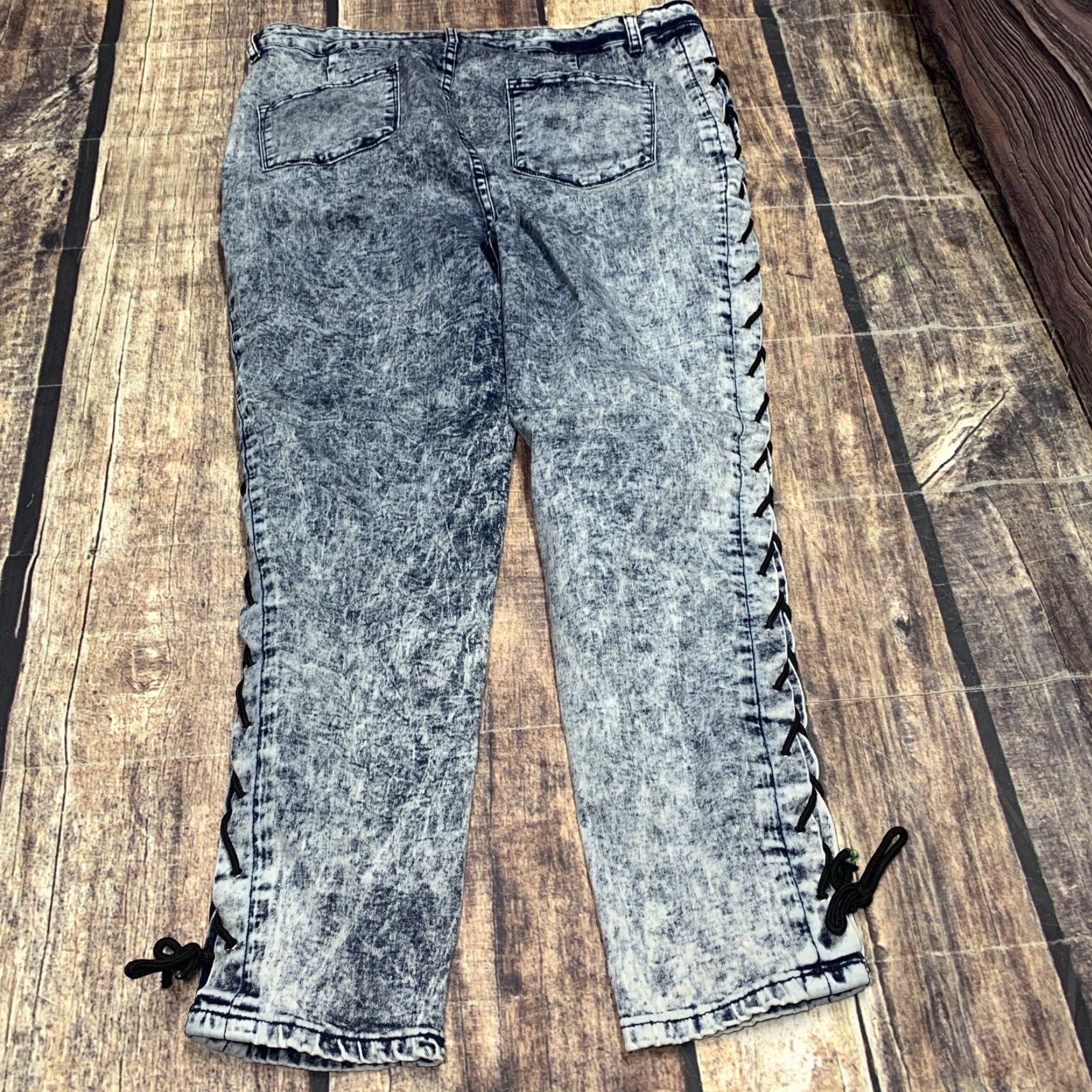 Vintage Between Us Womens Jeans Size 20 Stretch Rope Tie Legs 39 x 26 Acid Wash Blue Denim Size 42" / US 20 - 2 Thumbnail