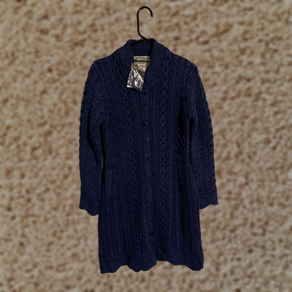 Vintage VINTAGE Aran Crafts Ireland Merino Wool Blue Knit Long Sweater Dress Women's XS Cardigan Knit Wool Collared Button Front 39" length Size XS / US 0-2 / IT 36-38 - 1 Thumbnail