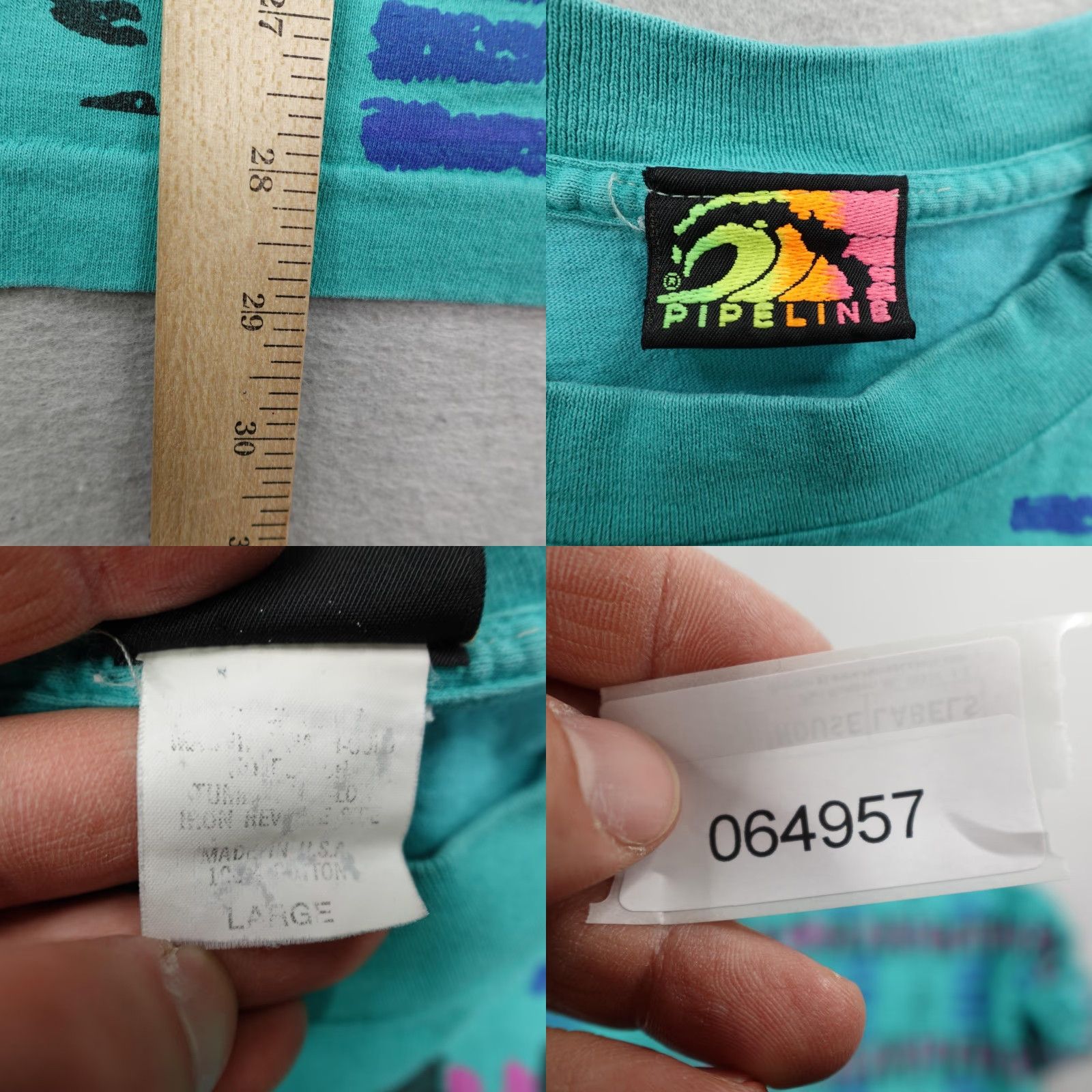 Vintage VINTAGE Pipeline Shirt Mens Large Teal Surf All Over Print AOP 90s Crew Neck Cotton T-Shirt Size US L / EU 52-54 / 3 - 8 Thumbnail