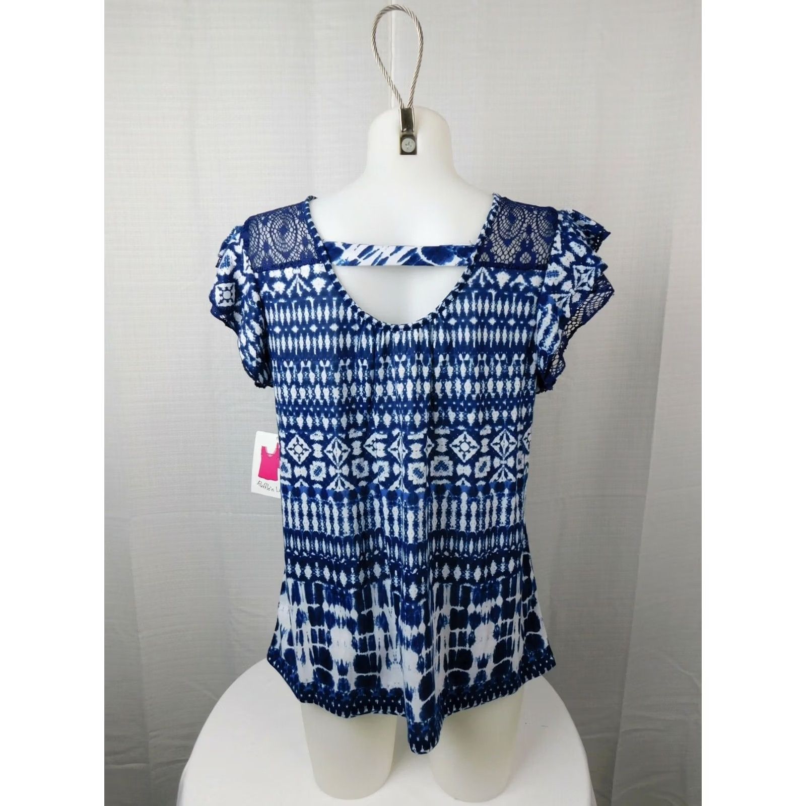 Vintage Bobbie Brooks Top Medium Navy-White Ikat Lace-Trim V-Beck Futter Sleeve #3059 Size M / US 6-8 / IT 42-44 - 2 Thumbnail