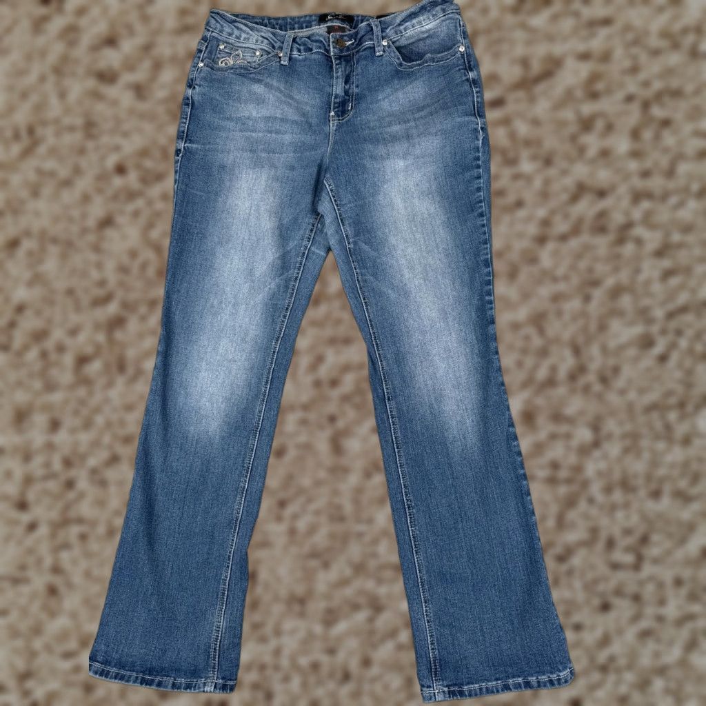 Vintage Earl Jean Jeans Women 16 Blue Slim Bootcut Bling Mid Rise Cotton Blend 34x31 Size 38" / US 16 / IT 52 - 1 Thumbnail