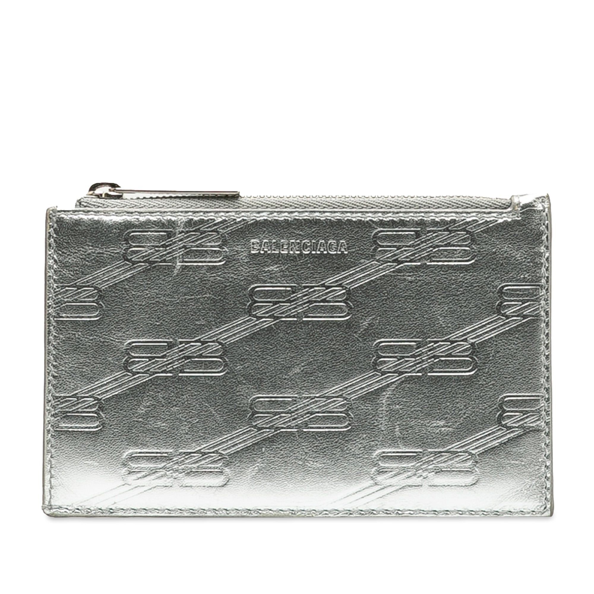 image of Balenciaga Bb Monogram Leather Card Case Card Holder in Silver, Women's