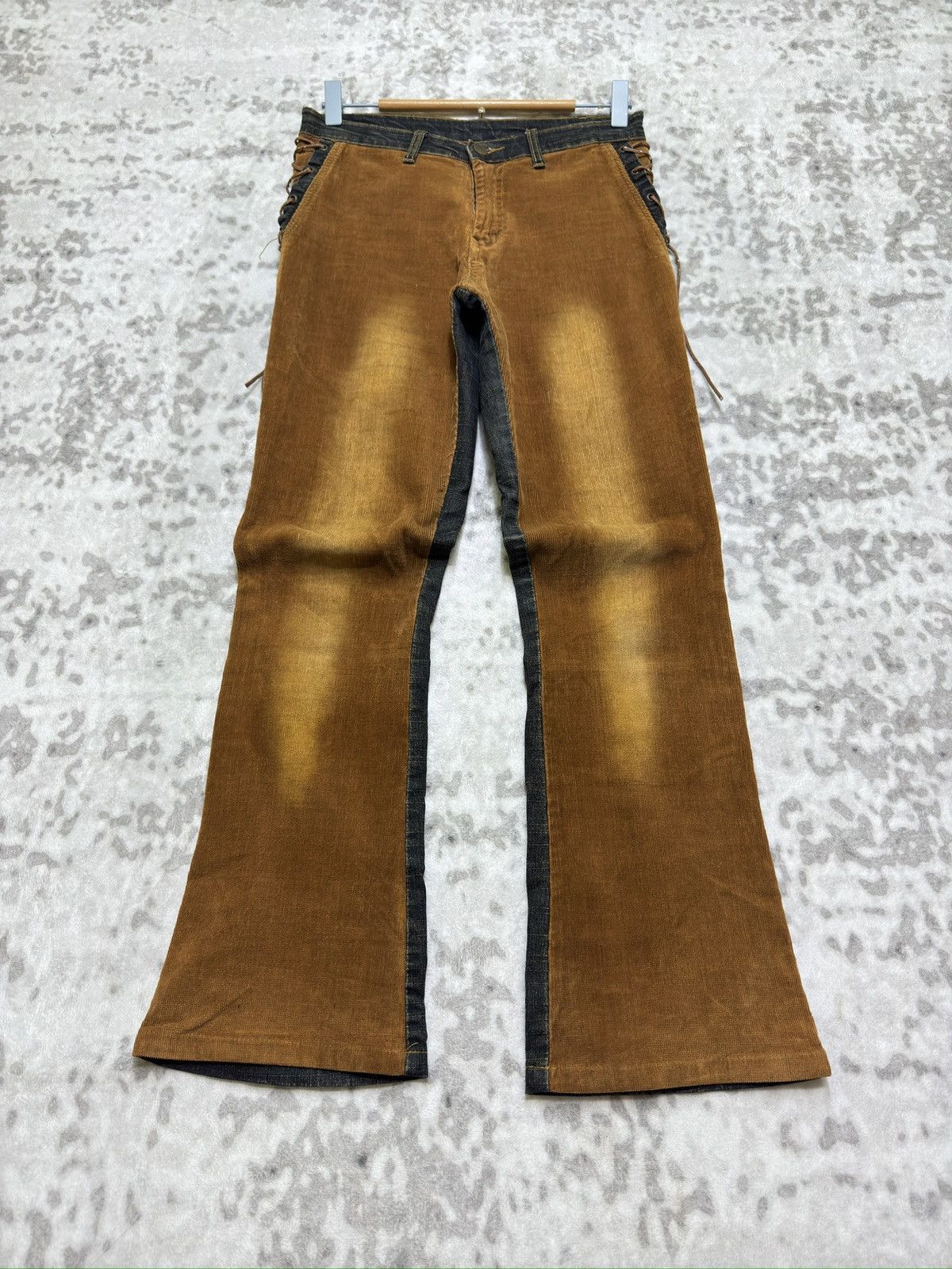 Japanese Brand Y2K Unisex Lace Up Bootcut Denim Corduroy Hybrid Jeans Size US 27 - 2 Thumbnail