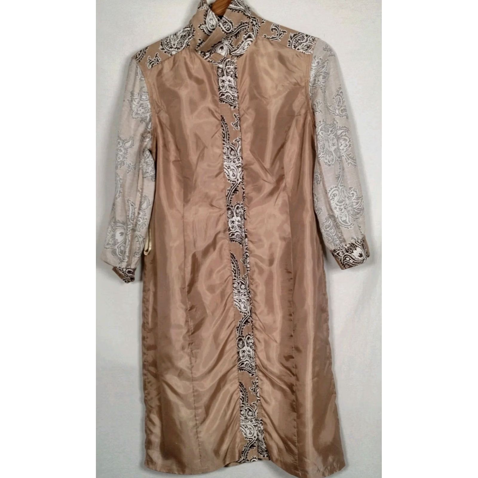 Kasper Kasper Shirt Dress Size 8 Button Front Collared 3/4 Sleeve Brown Floral Paisley Linen Rayon Knee Length Women Dress Size M / US 6-8 / IT 42-44 - 3 Thumbnail