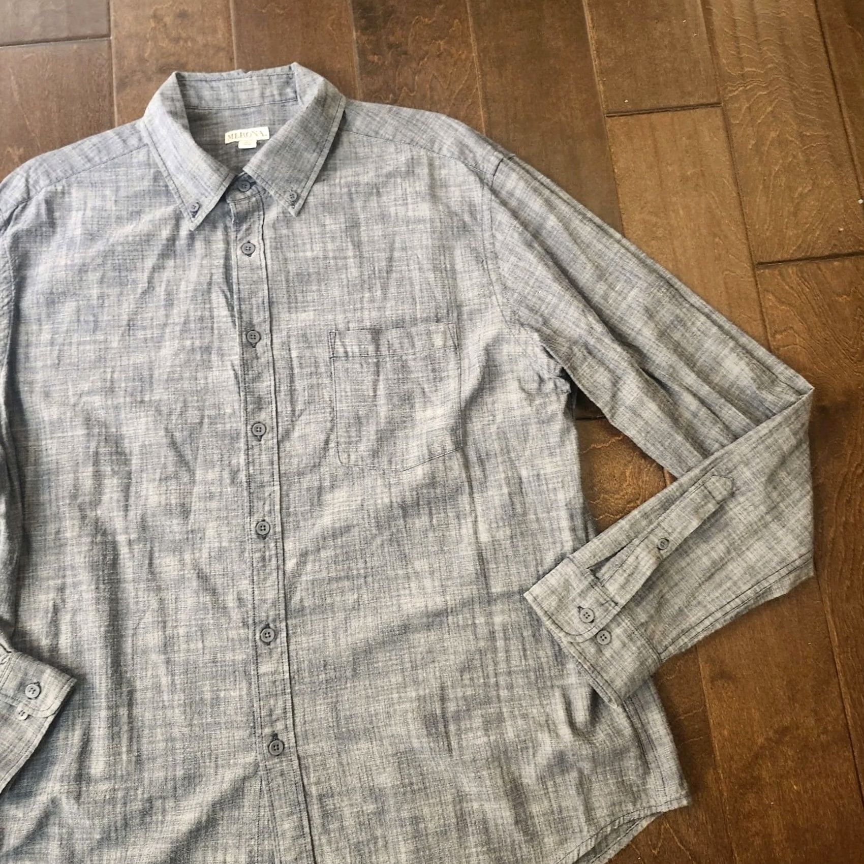 Merona Merona Button Up Shirt Mens XL Gray Chambray Long Sleeve Casual Western Pockets Breathable Solid Regular #65041 Size US XL / EU 56 / 4 - 5 Thumbnail