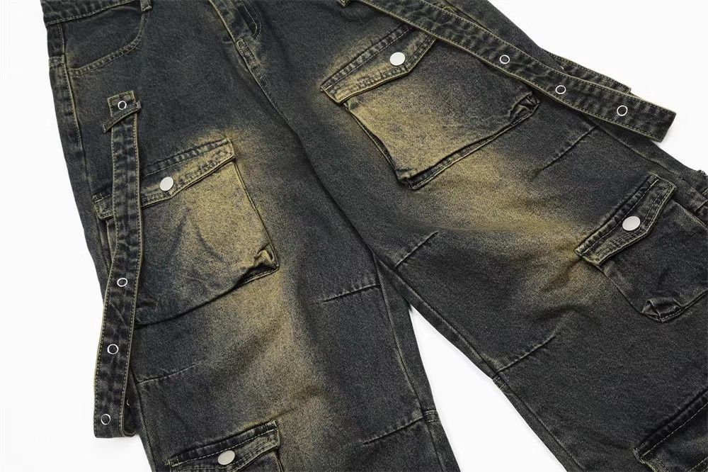 Japanese Brand Men's washed distressed loose multi-pocket cargo jeans Size US 32 / EU 48 - 5 Thumbnail