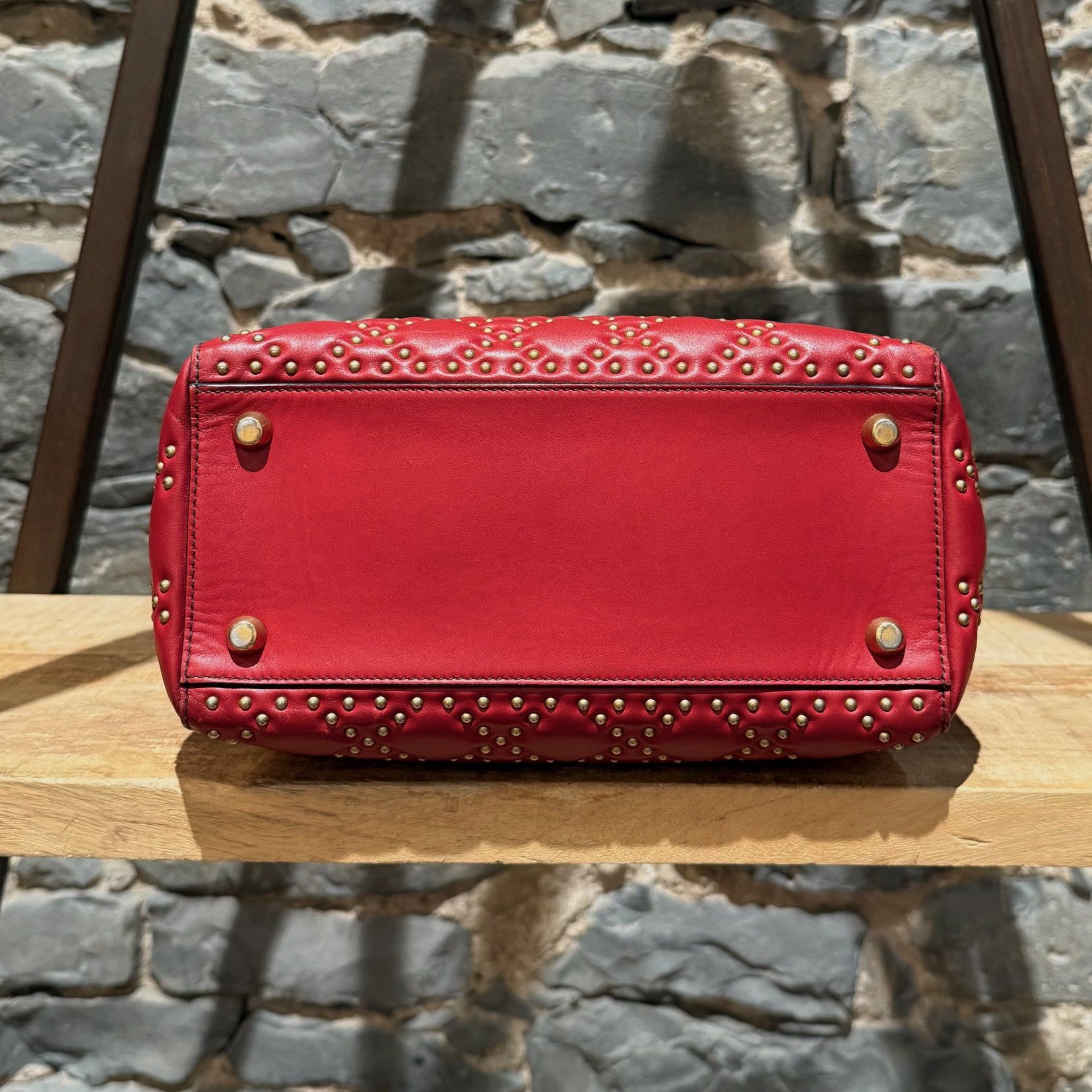 Dior Christian Dior Red Leather Gold Studded Medium Lady Dior Bag Size ONE SIZE - 7 Thumbnail
