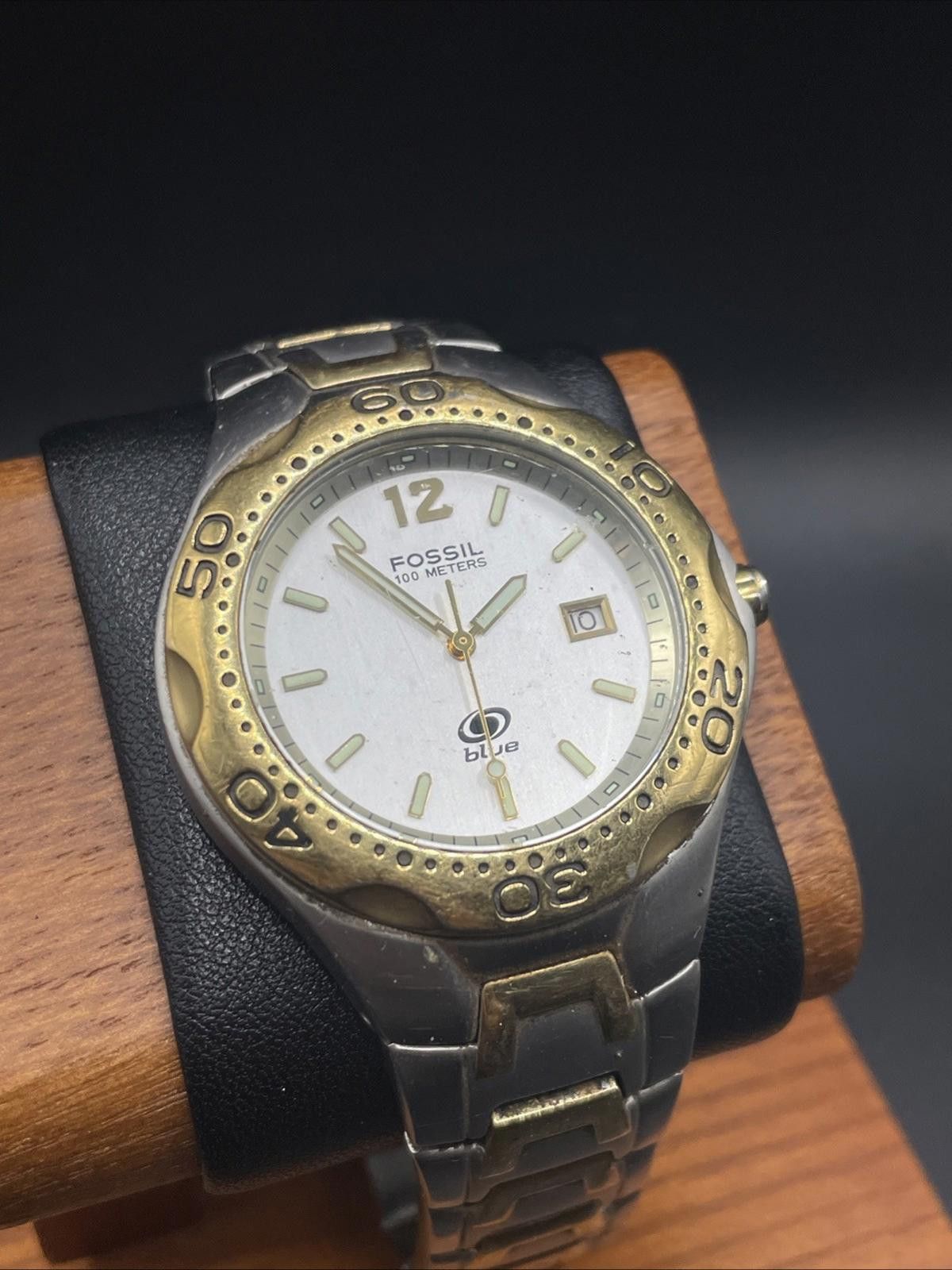 Fossil Fossil Blue Stainless Steel Silver Gold 100m New Battery Size ONE SIZE - 1 Thumbnail